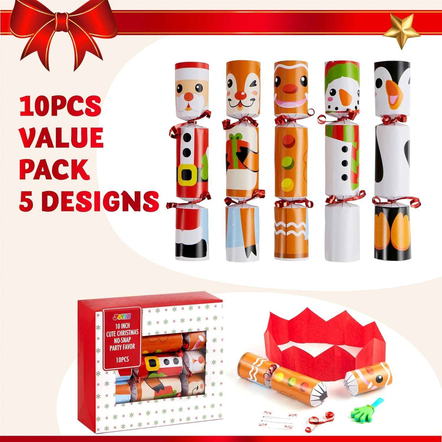 JOYIN 10 Pack Christmas Non-Snap Party Favor with Cute Characters, Includes Party Hat, Joke & Gift, Christmas Table Decorations for Holiday Dinner Traditions Supplies, Stocking Stuffers for Kids