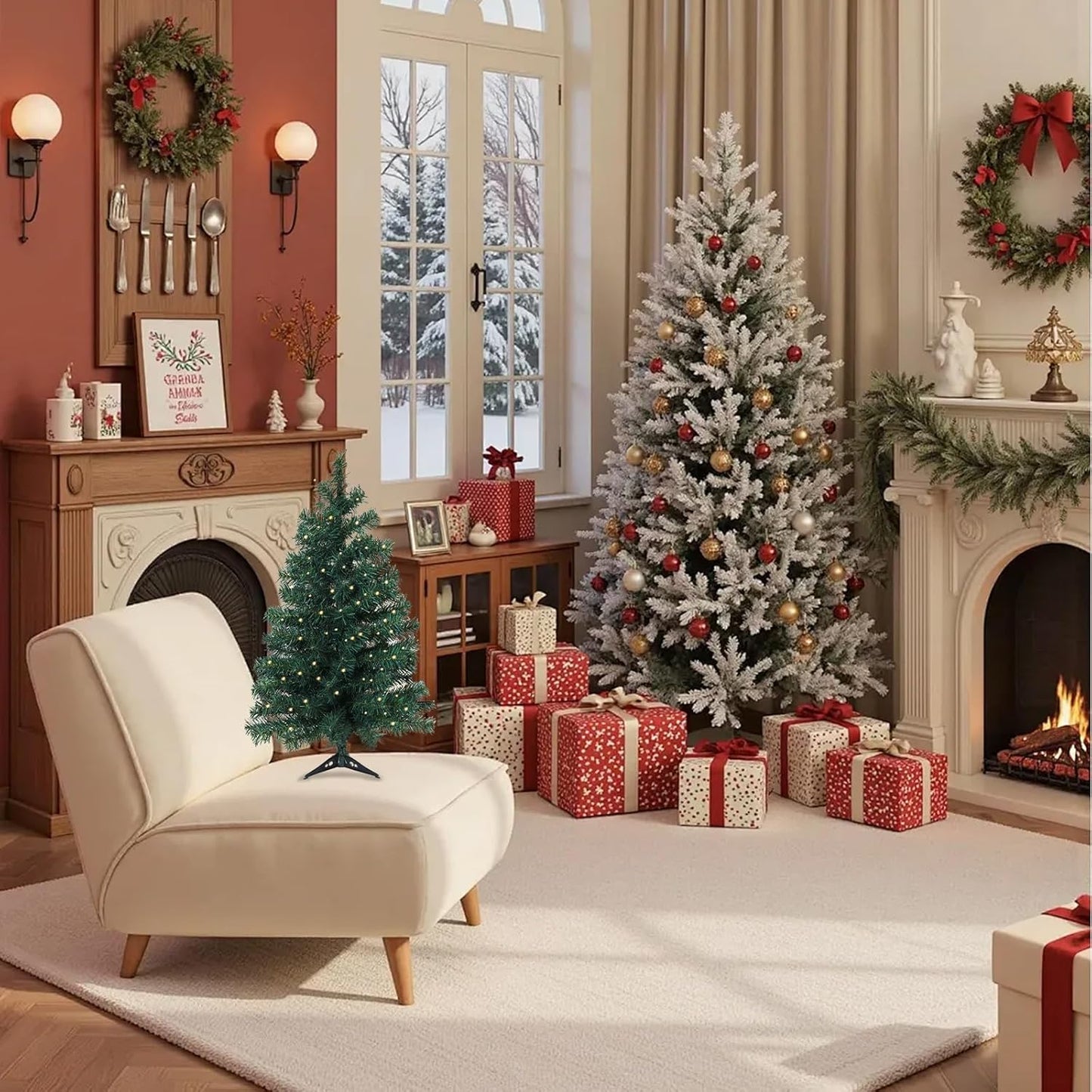 3ft Pre-Lit Artificial Holiday Christmas Spruce Tree for Home, Office, Party Decoration 100-Branch&50 Warm White Lights Tips, Easy Assembly, Metal Hinges & Foldable Base