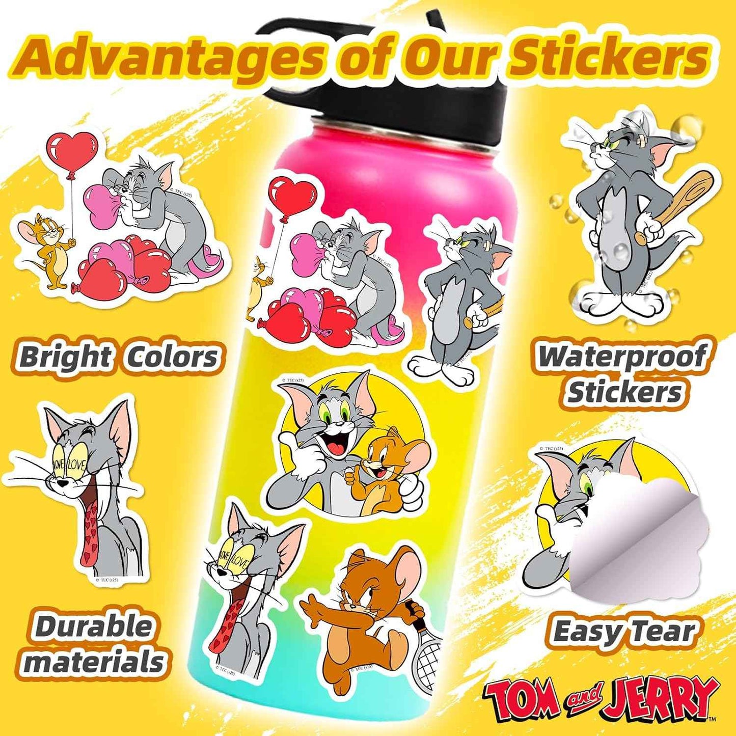 Cat and Mouse Stickers for Water Bottle, Waterproof Stickers Pack Best Friends Theme Scrapbooking Decals for Laptop, Tablet, Skateboard, Indoor/Outdoor for Teens Kids (50pcs)