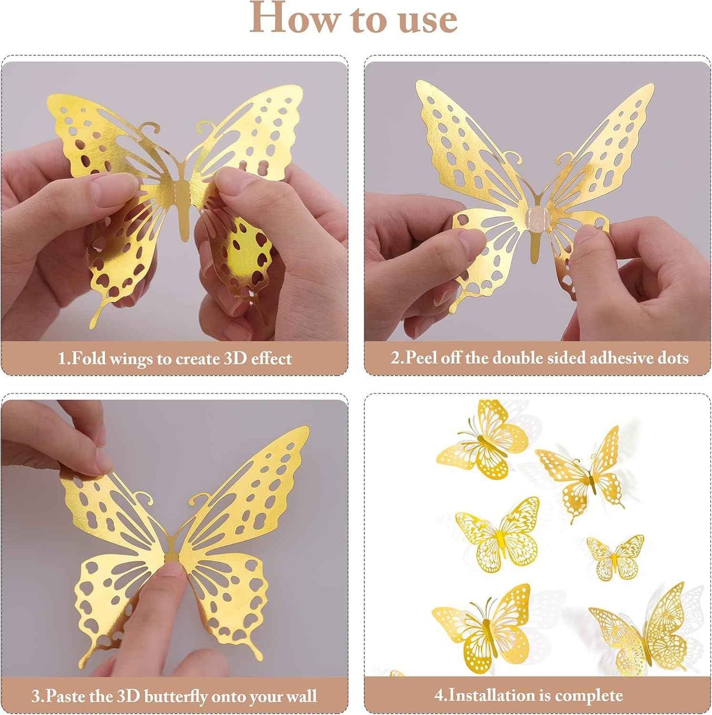 SAOROPEB 3D Butterfly Wall Decor - 48 Pcs, 4 Styles, 3 Sizes, Gold Butterfly Decorations for Birthday & Party Celebrations, Removable Stickers