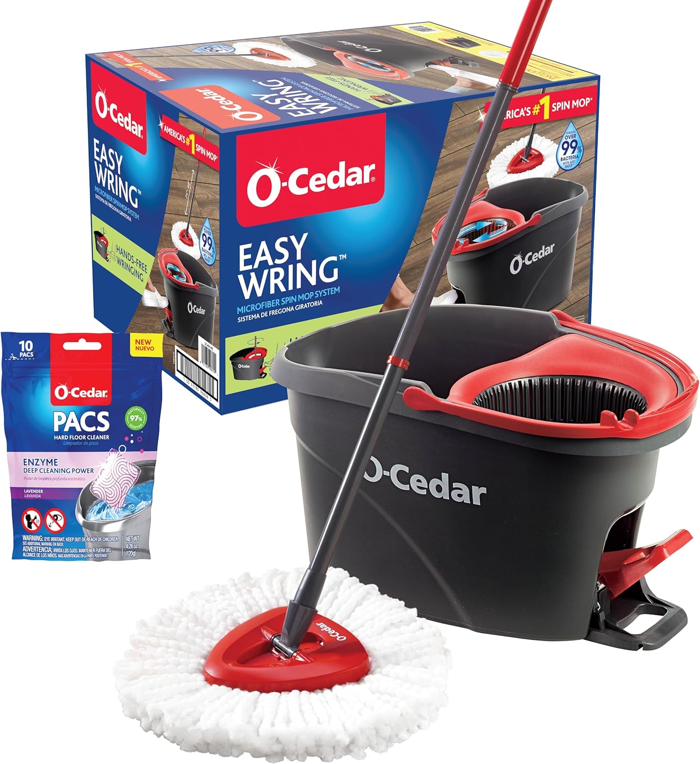 O-Cedar EasyWring Microfiber Spin Mop, Bucket Floor Cleaning System, Red, Gray, Standard - Rayz Mart