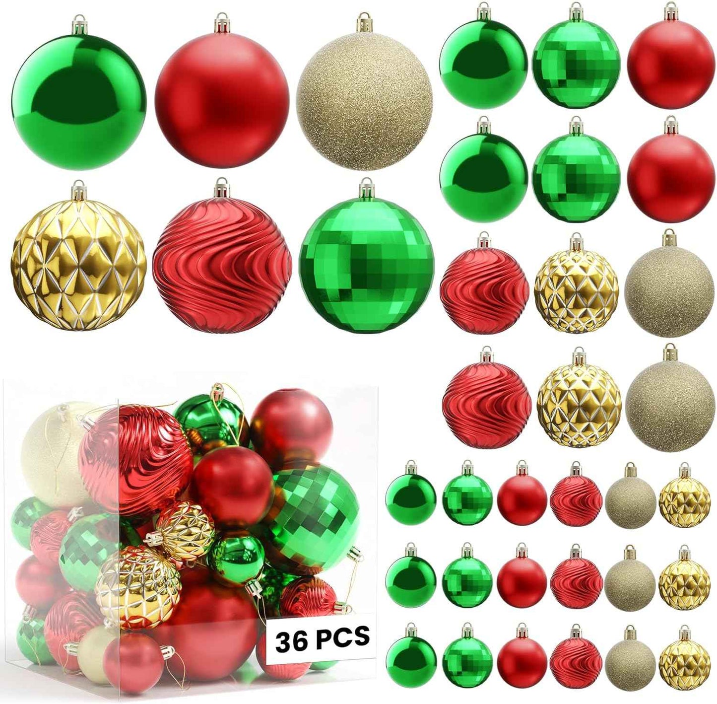 Annecy Christmas Tree Ornaments - 36 PCS Shatterproof Christmas Ball Ornaments Set for Holiday, Wreath & Party Decorations (Multi-Size, Red, Green, Gold)