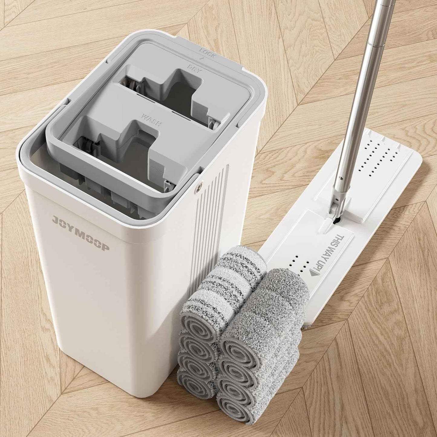 JOYMOOP Mop and Bucket Set with Wringer, Flat Mops for Floor Cleaning, Wall Mop Cleaner with Long Handle, Hardwood Floor Mop with 4 Microfiber Pads