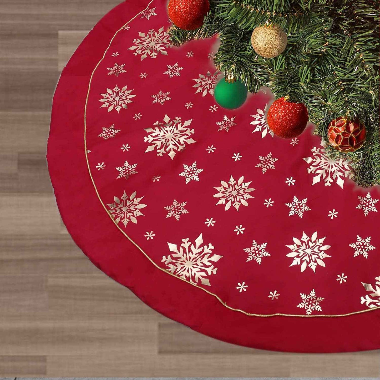 Flash World 48 Inch Large Christmas Tree Skirt Xmas Soft Cover Mat Decor Snowflake Collar Farmhouse Tree Skirt for Holiday Ornaments Party Home Indoor Decorations (Red, 48INCH)