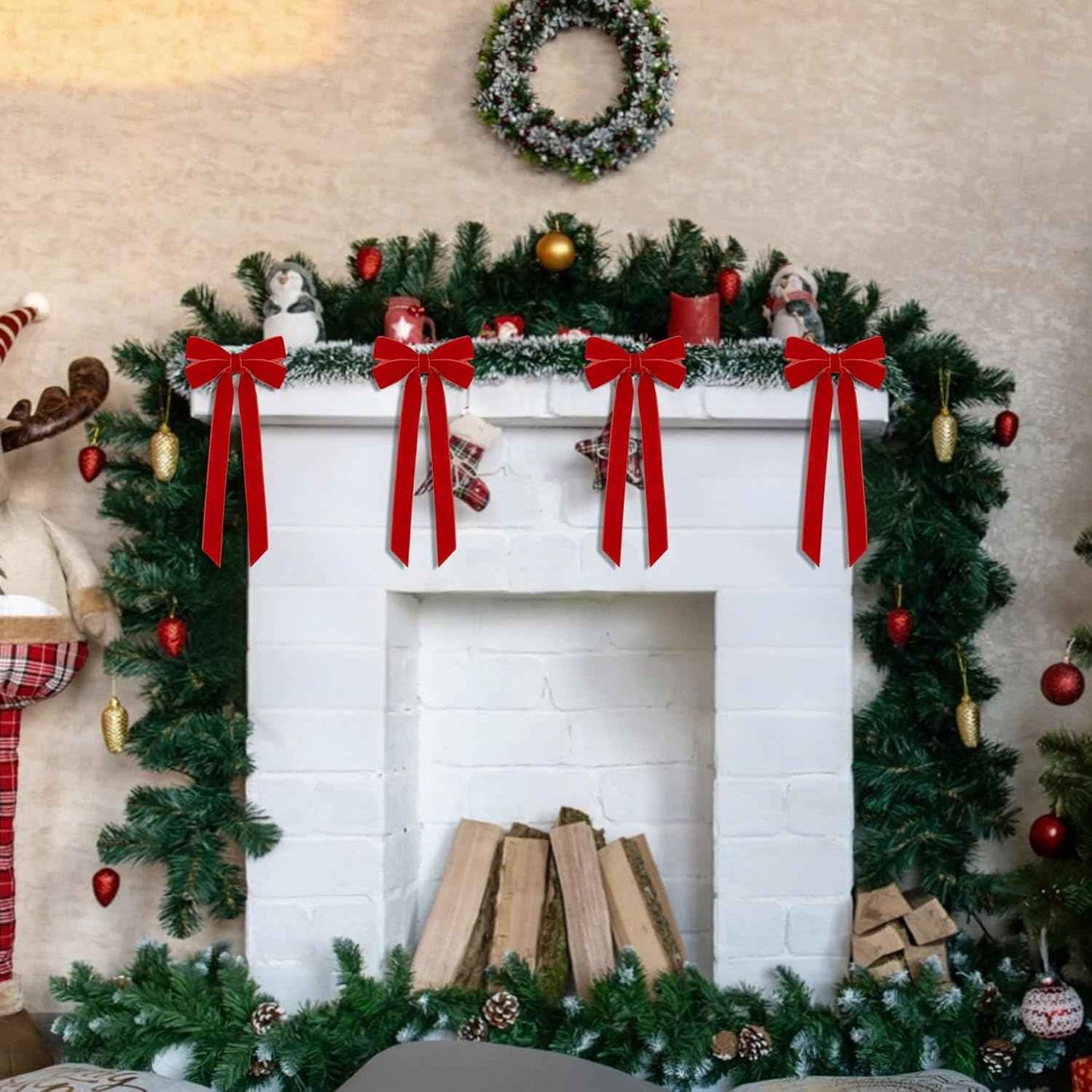 12Pcs Red Velvet Ribbon Bows Christmas Tree Decorations,5in x 10in Xmas Ornaments for Tree Home Party Front Door Wreath Holiday Decor