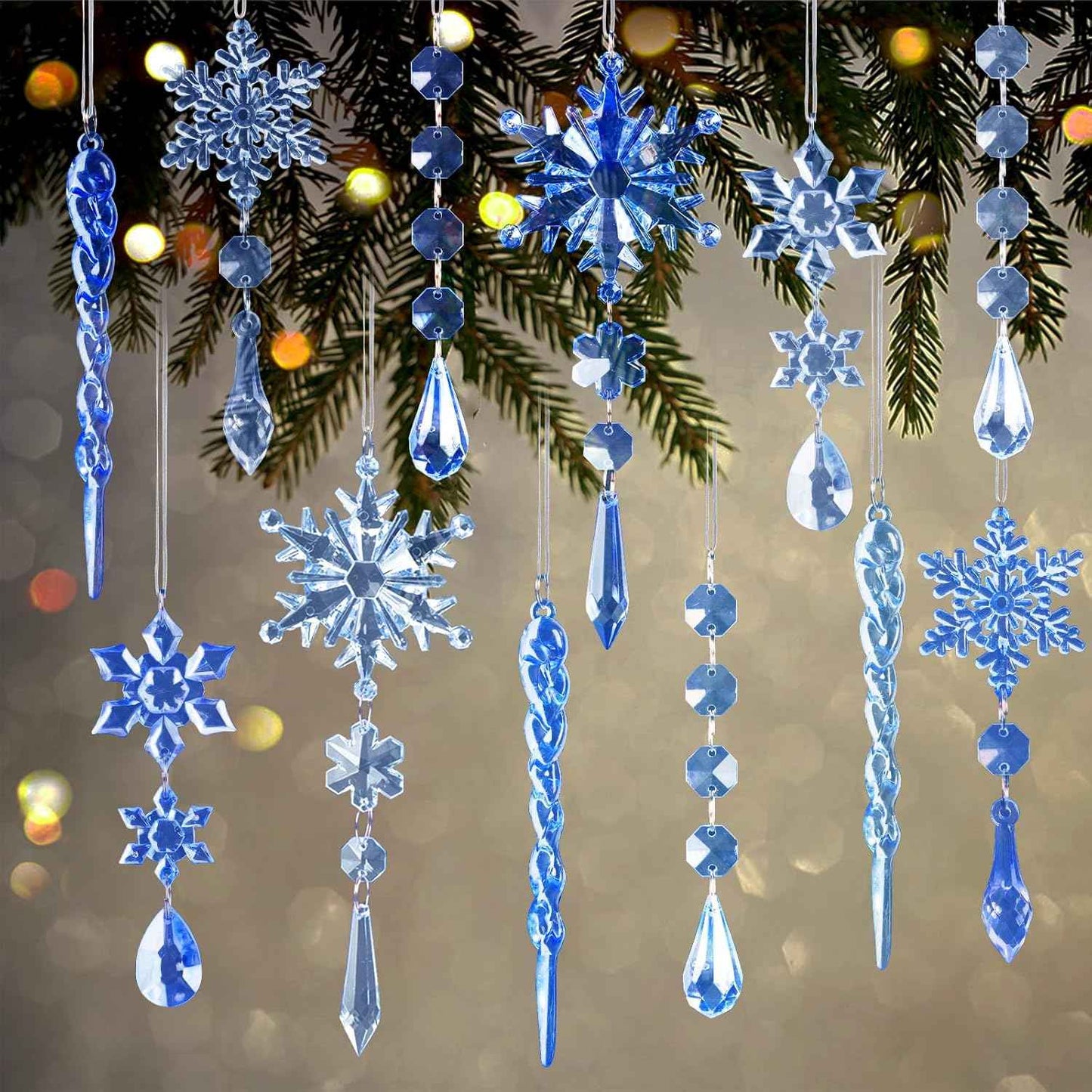 18pcs Crystal Christmas Ornaments for Tree Decorations-Hanging Acrylic Snowflake Icicle Ornaments with Drop Pendants for Winter Wonderland Chandelier Crystals Decorations Supplies