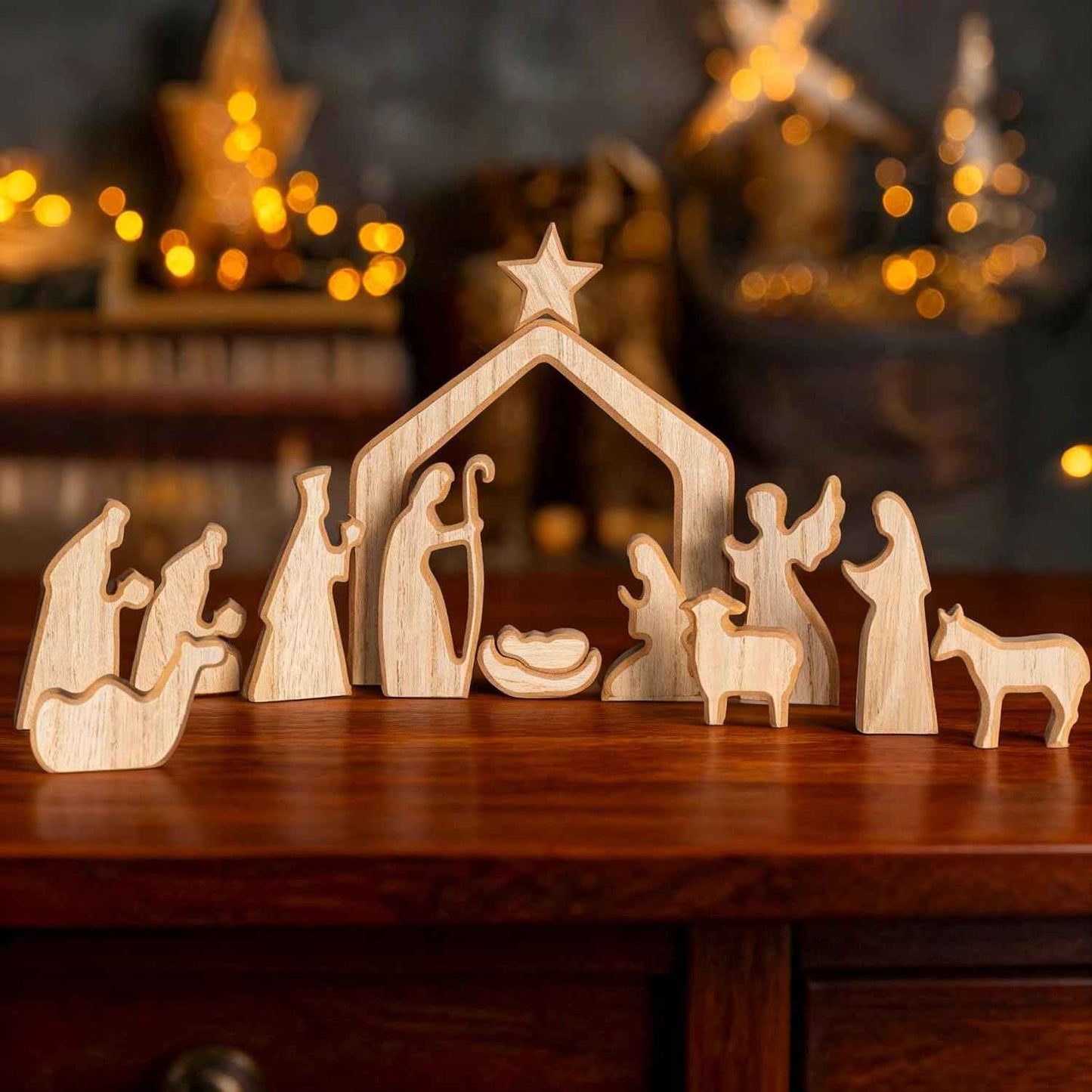 NEROSUN Nativity Scene Set, 13Pcs Wooden Christmas Nativity Scene Miniature Holy Family Figurines, Minimalism Boho Tabletop Christmas Manger Decorations for Indoor Home Mantel Display