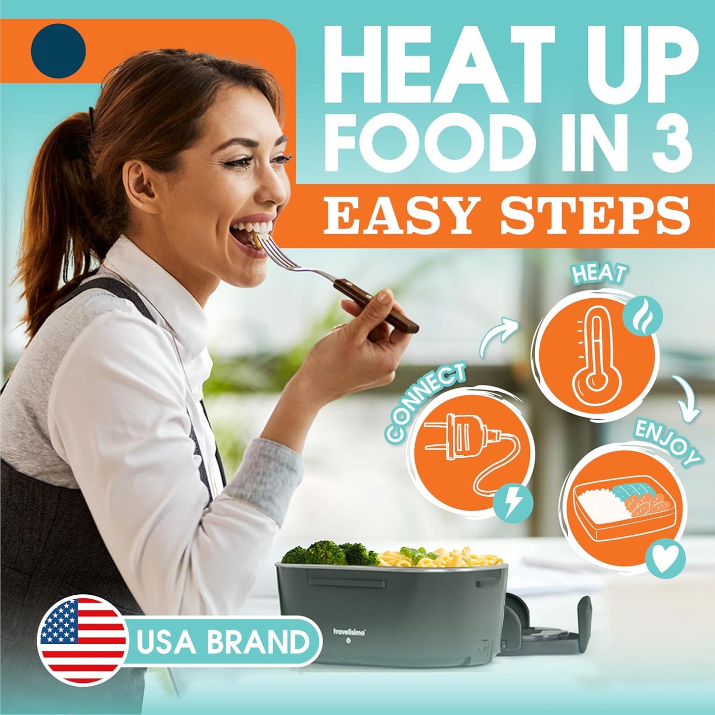 TRAVELISIMO Electric Lunch Box for Adults, 80W Heated Lunch Box 1.5L Stainless Steel Portable Food Warmer, 12/24/110V Lonchera Electrica Portatil for Travel & Work, Loncheras para Hombres de Trabajo