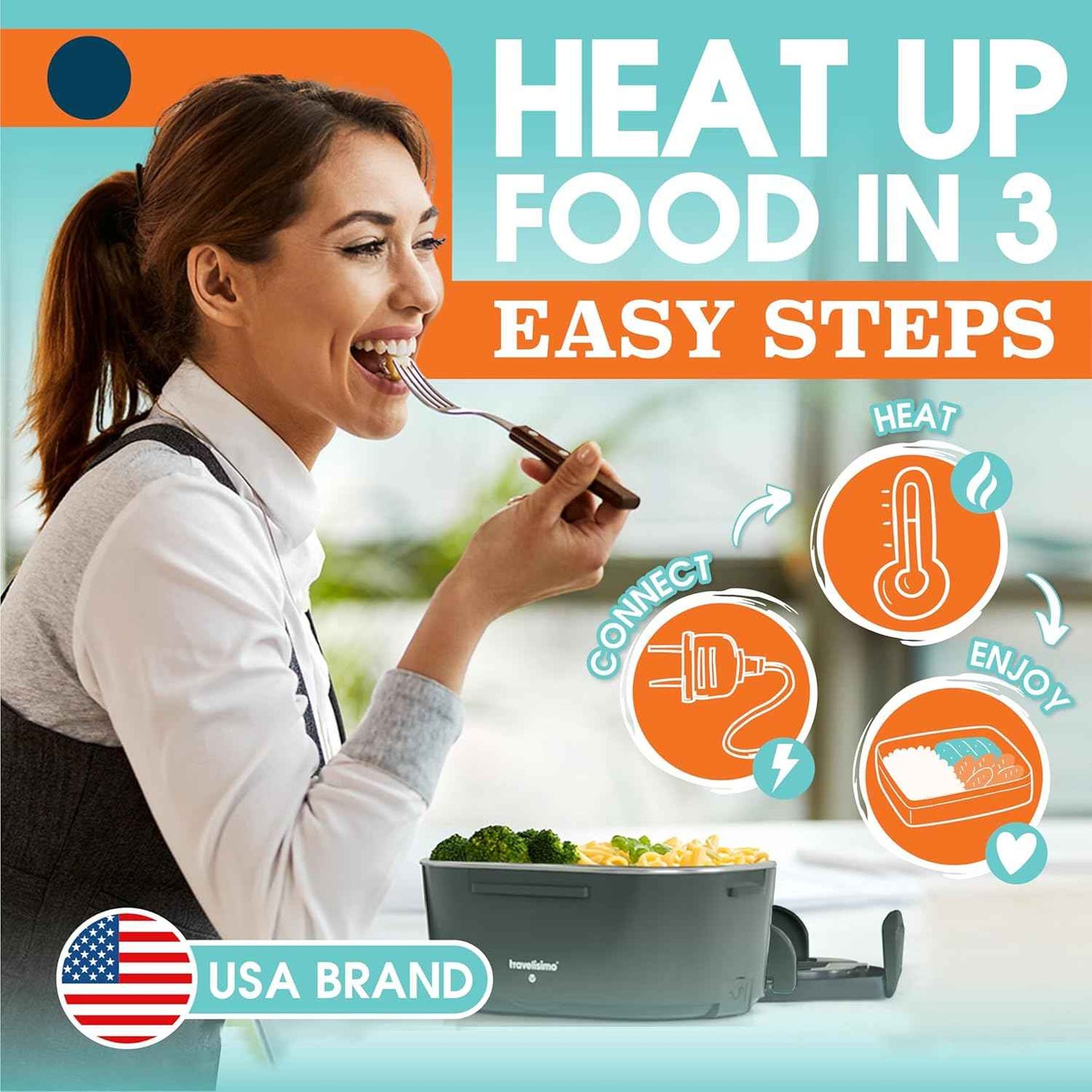 TRAVELISIMO Electric Lunch Box for Adults, 80W Heated Lunch Box 1.5L Stainless Steel Portable Food Warmer, 12/24/110V Lonchera Electrica Portatil for Travel & Work, Loncheras para Hombres de Trabajo