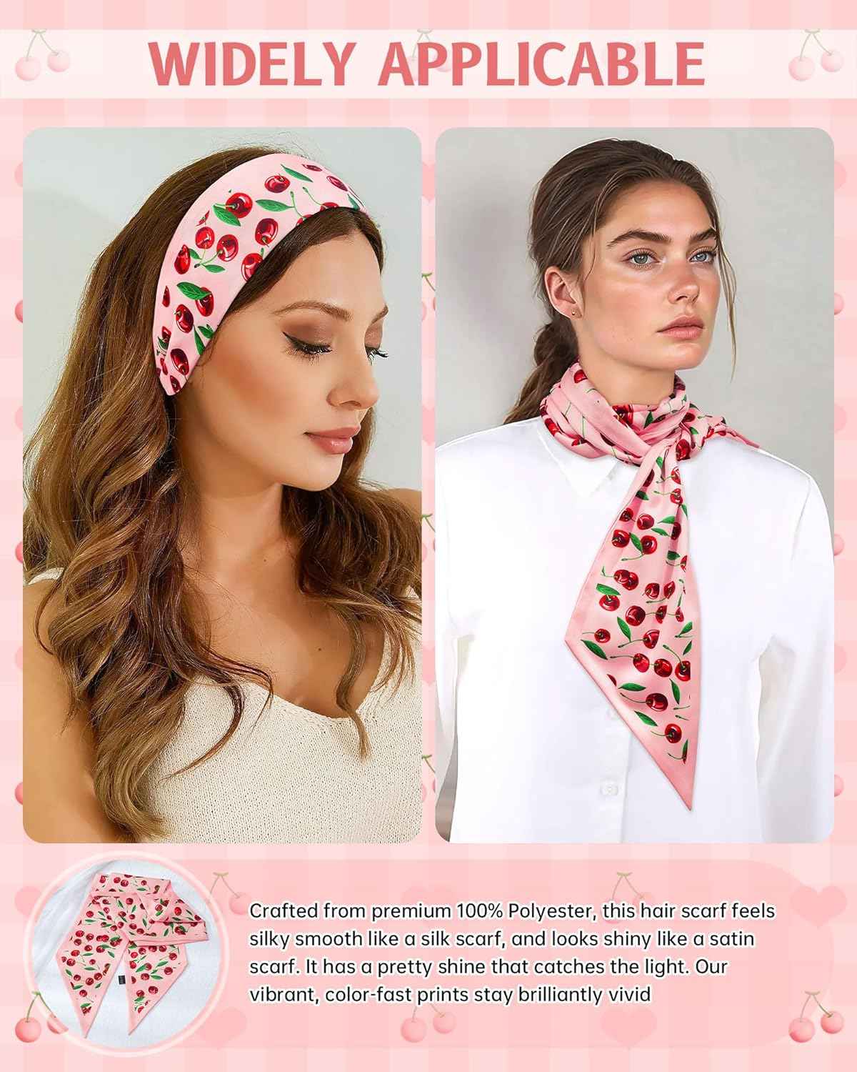 Mesovor Cherry Head Scarf Hair Neck Scarves for Women, Fashion Purse Bag Scarfs | Long Thin Satin Headscarf Headbands