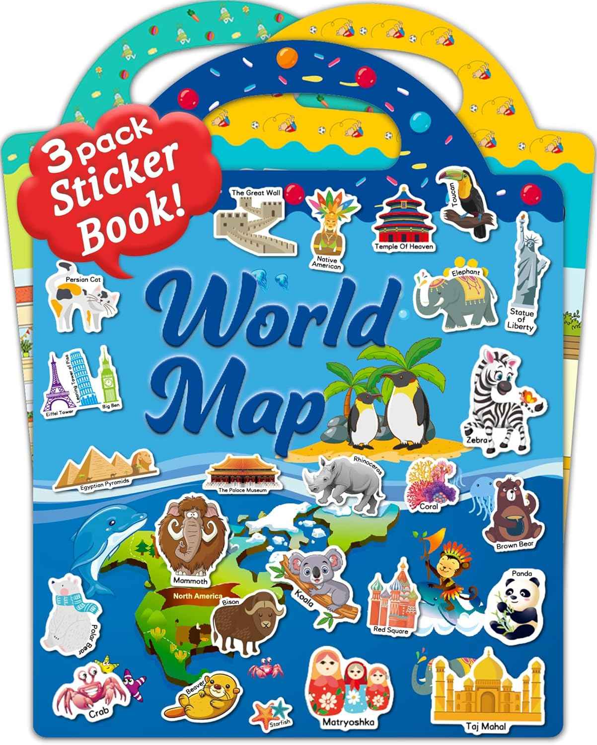 Benresive Reusable Sticker Book for Toddlers 2-4 Years, 3 Sets Travel Stickers for Kids, Waterproof Sticker Books for Toddlers 1-3, Crafts Activities for Todddlers 1-3 2-4 3-5