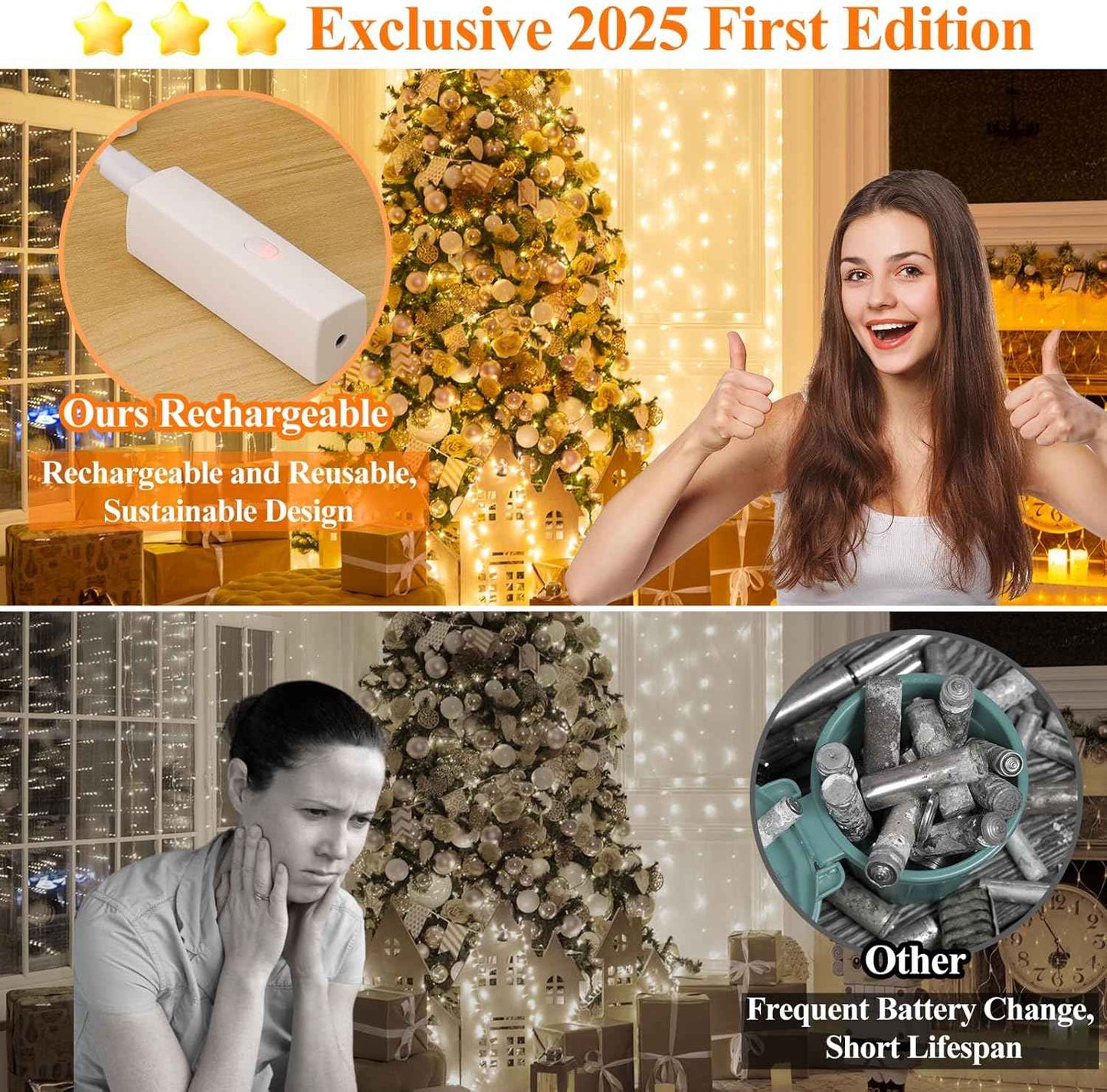 Lakumu LED Fairy Lights Battery Operated, Rechargeable Twinkle Lights with Timer, Mini LED String Lights for Bedroom, Christmas Decorations, Wedding, Centerpiece Table Decor (5M/16FT Warm White)