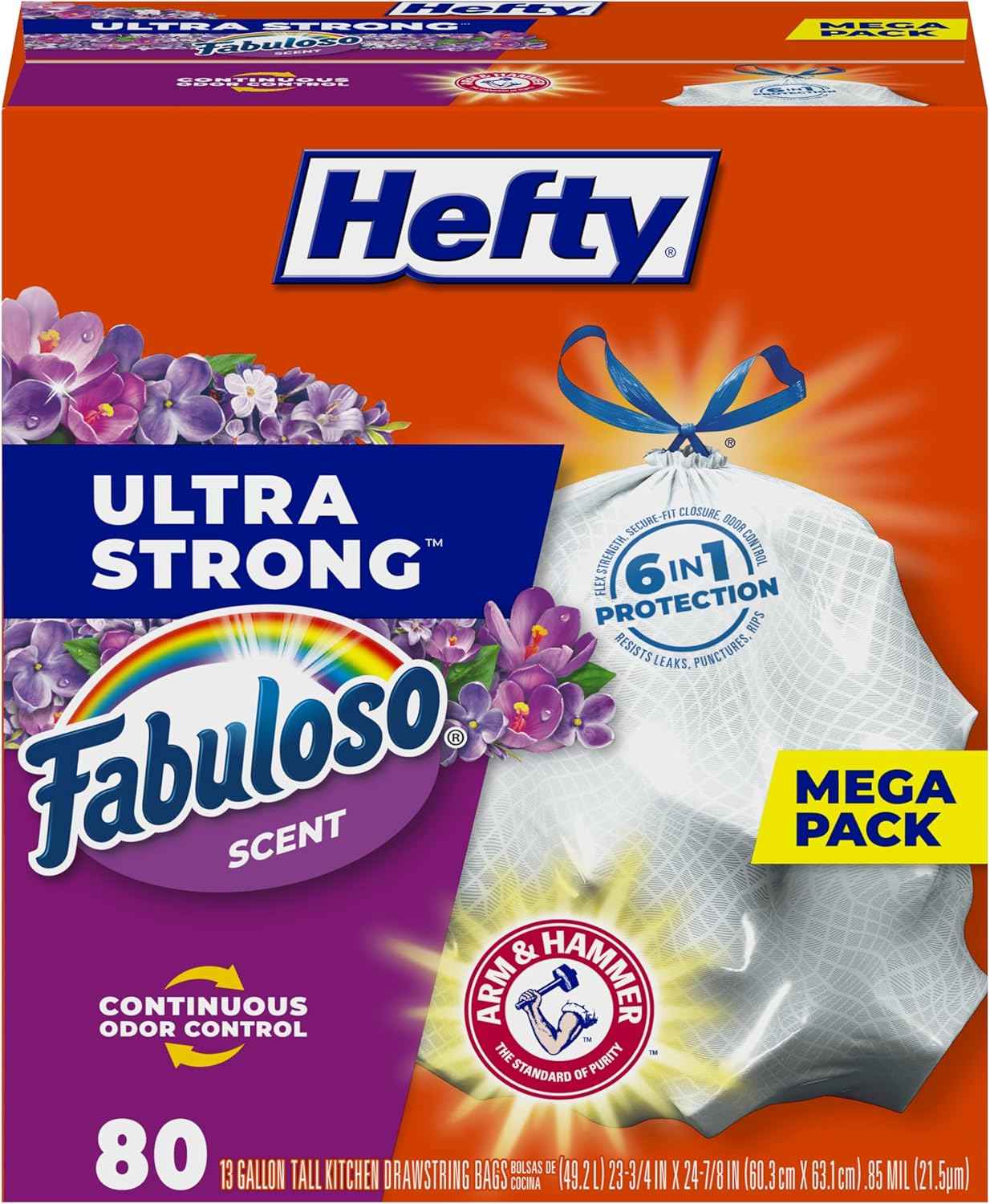 Hefty Ultra Strong Tall Kitchen Trash Bags, Lavender & Sweet Vanilla Scent, 13 Gallon, 80 Count
