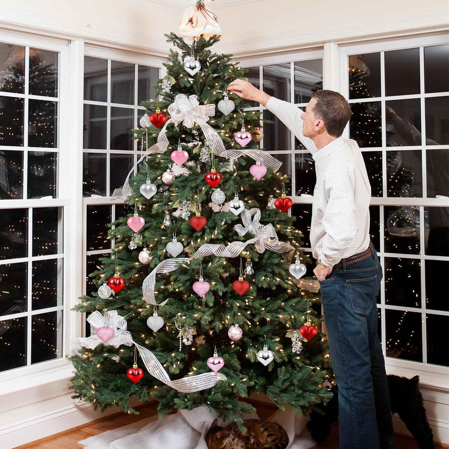 36Pcs Valentines Heart Shaped Ornaments - Valentines Heart Decorations - Red Pink Silver Glitter Heart Shaped Baubles - Romantic Christmas Valentines Tree Hanging Decorations