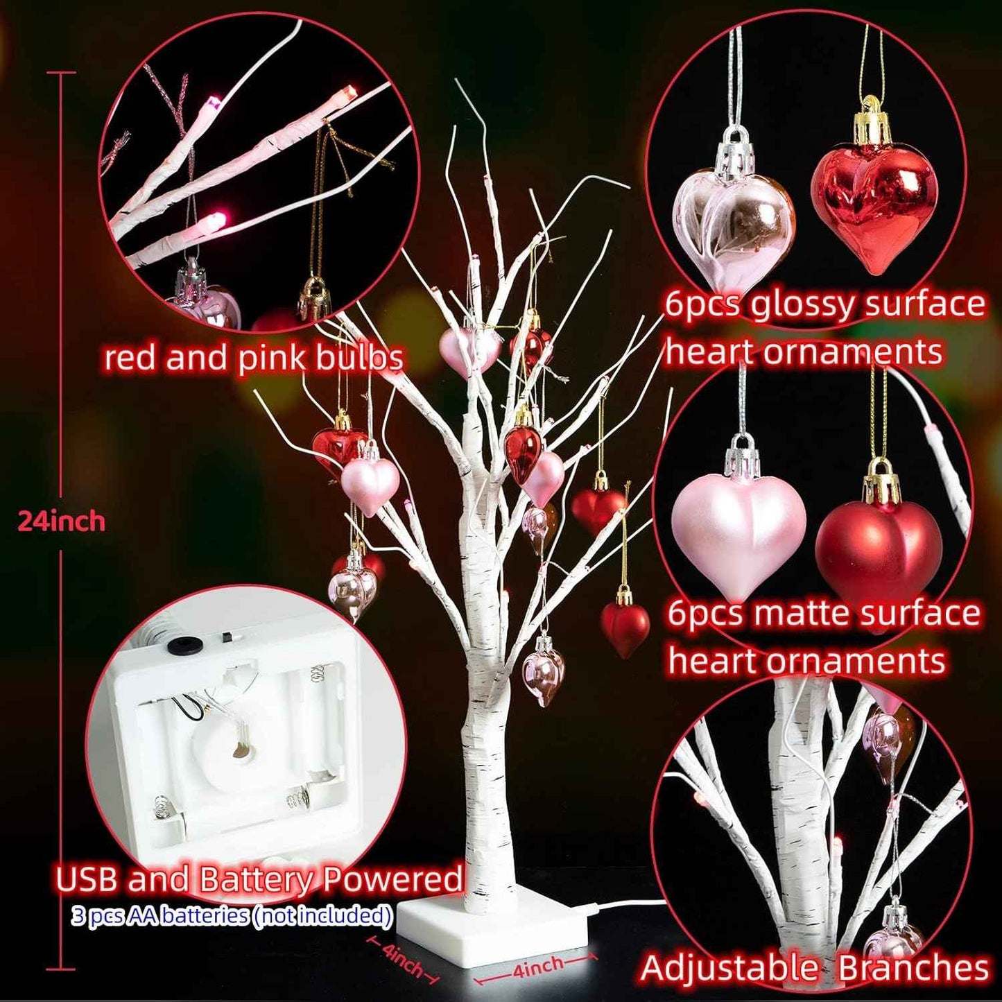 2Pack Valentines Day Decor Lighted Birch Tree with Heart-Shaped Ornaments,USB&Battery Operated Light Up Artificial Tree for Home Indoor Party Valentines Day Decorations (Red + Pink)