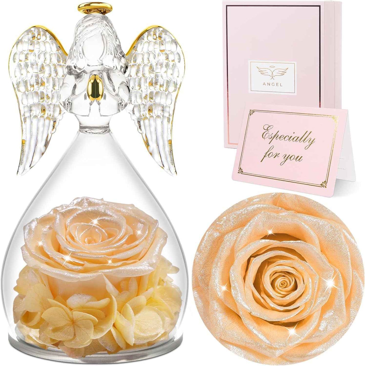 Sunia Valentines Day Rose Gifts for Women, Birthday Gifts for Mom Grandma, Forever Preserved Flower in Glass Angel Figurines Flowers for Delivery Prime, Mothers Day Real Roses for Her Wife
