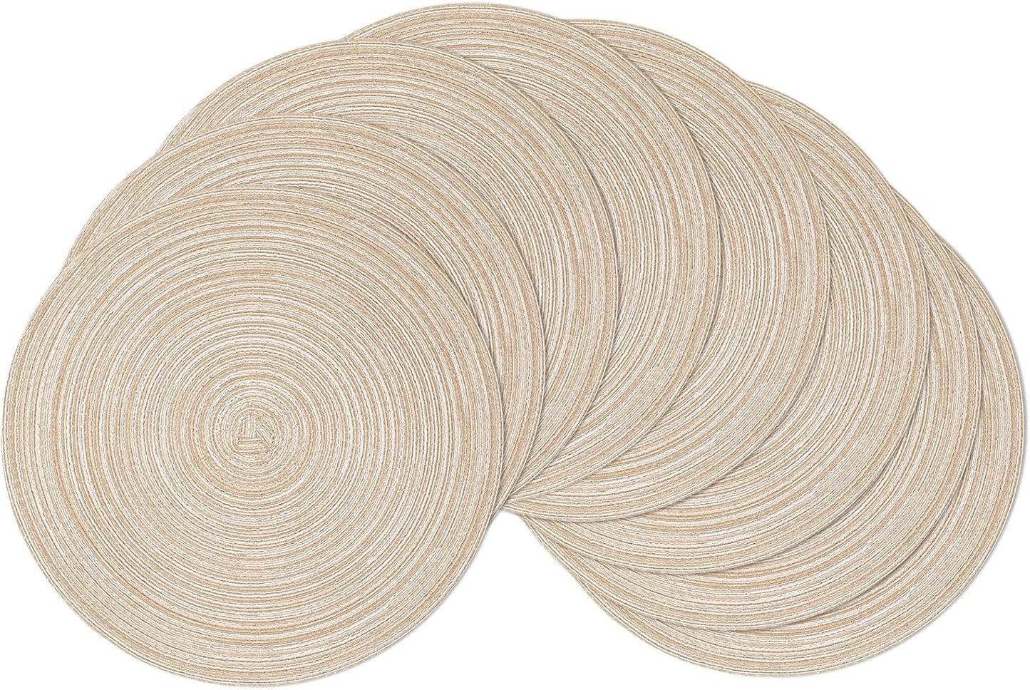SHACOS 15 inch Round Braided Placemats Set of 6 Non Slip Heat Resistant Cotton Polyester Table Mats Washable Place Mats for Kitchen Dining Party Table Decor (Beige, 6)
