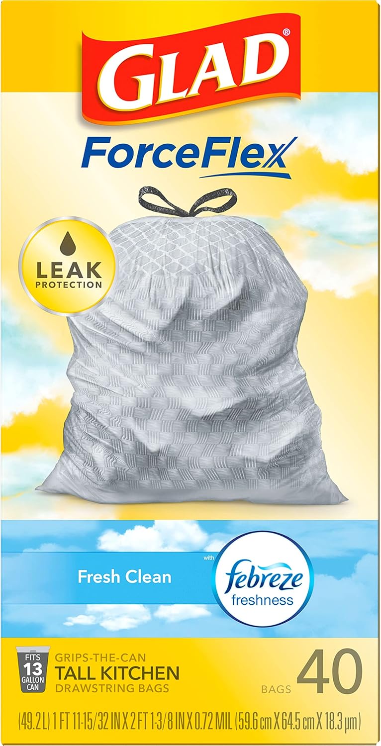 Glad ForceFlex Tall Kitchen Trash Bags, 13 Gallon, Gain Fresh Clean, 40 Count (Package May Vary) - Rayz Mart