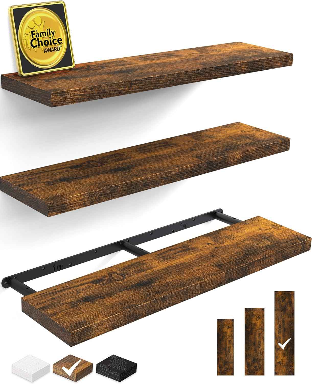 BAYKA Floating Shelves for Wall, Wall Mounted Rustic Wood Shelves for Bathroom, Bedroom, Living Room, Kitchen, Hanging Shelf for Books/Storage/Room Decor with 22lbs Capacity (Black, Set of 3, 15.7in)
