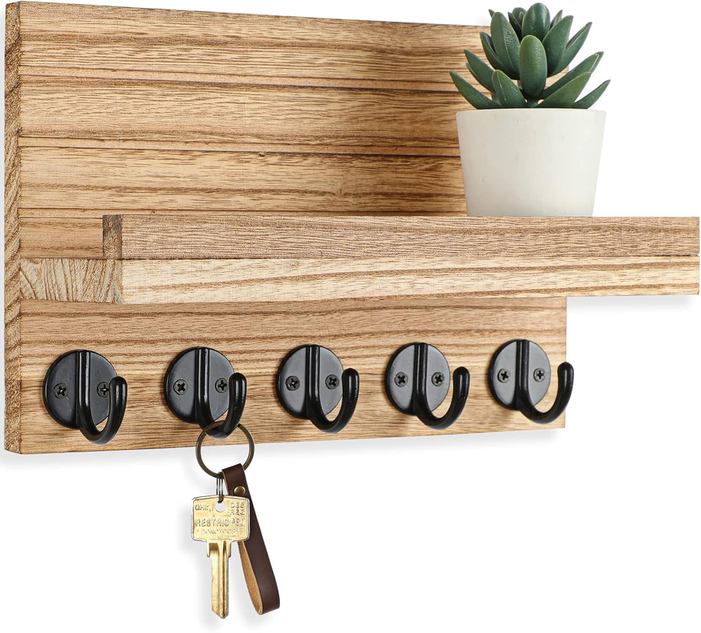 Key Holder for Wall, Decorative Key and Mail Holder with Shelf Has Large Hooks for Bags, Coats, Umbrella – Paulownia Wood Key Hanger with Mounting Hardware (9.8”W x 6.7”H x 4.2”D) - Rayz Mart
