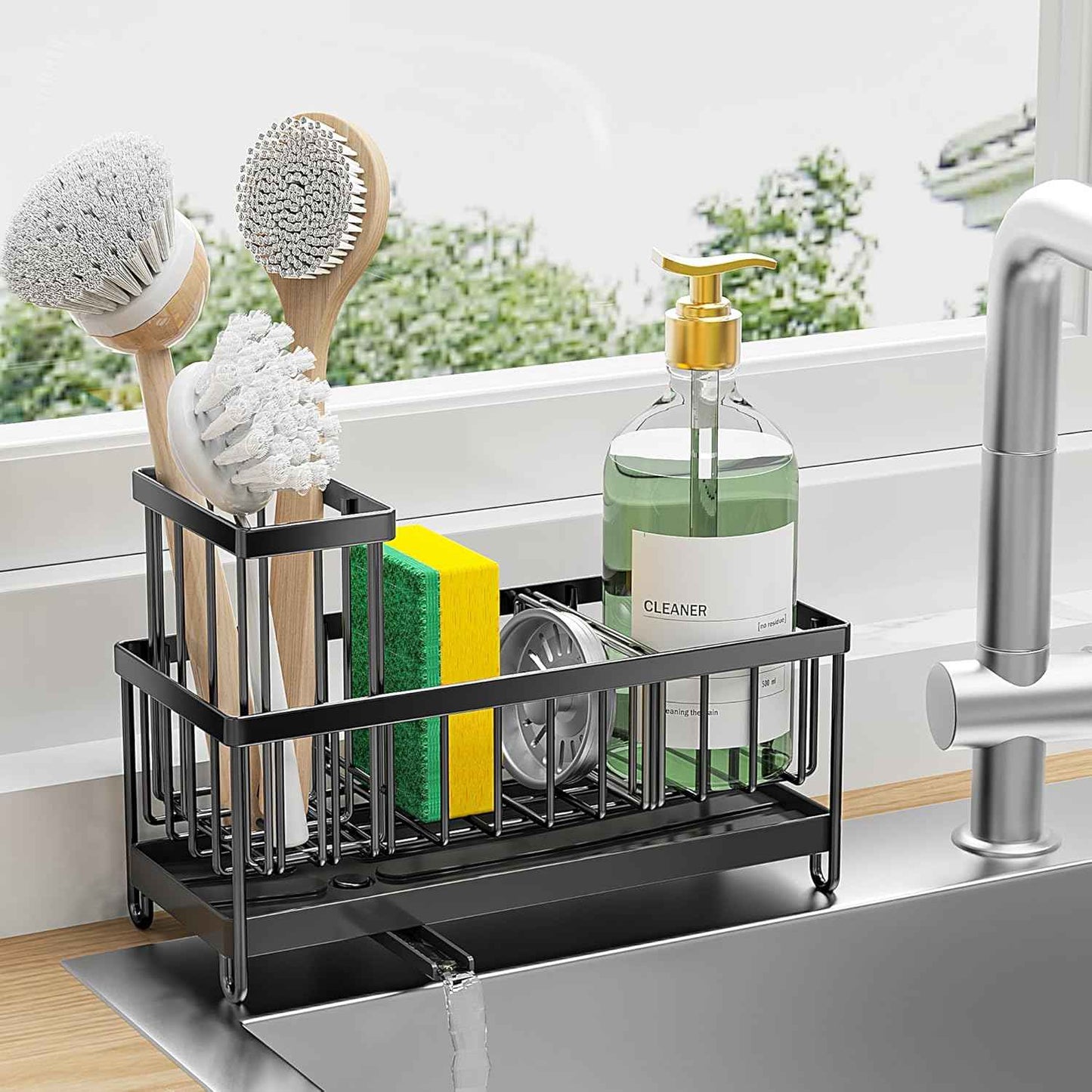 Cisily Silver Sponge Holder for Kitchen Sink, Sink Caddy Organizer with High Brush Holder, Kitchen Countertop Organizers and Storage Essentials, Rustproof 304 Stainless Steel, Soap Dispenser Organize