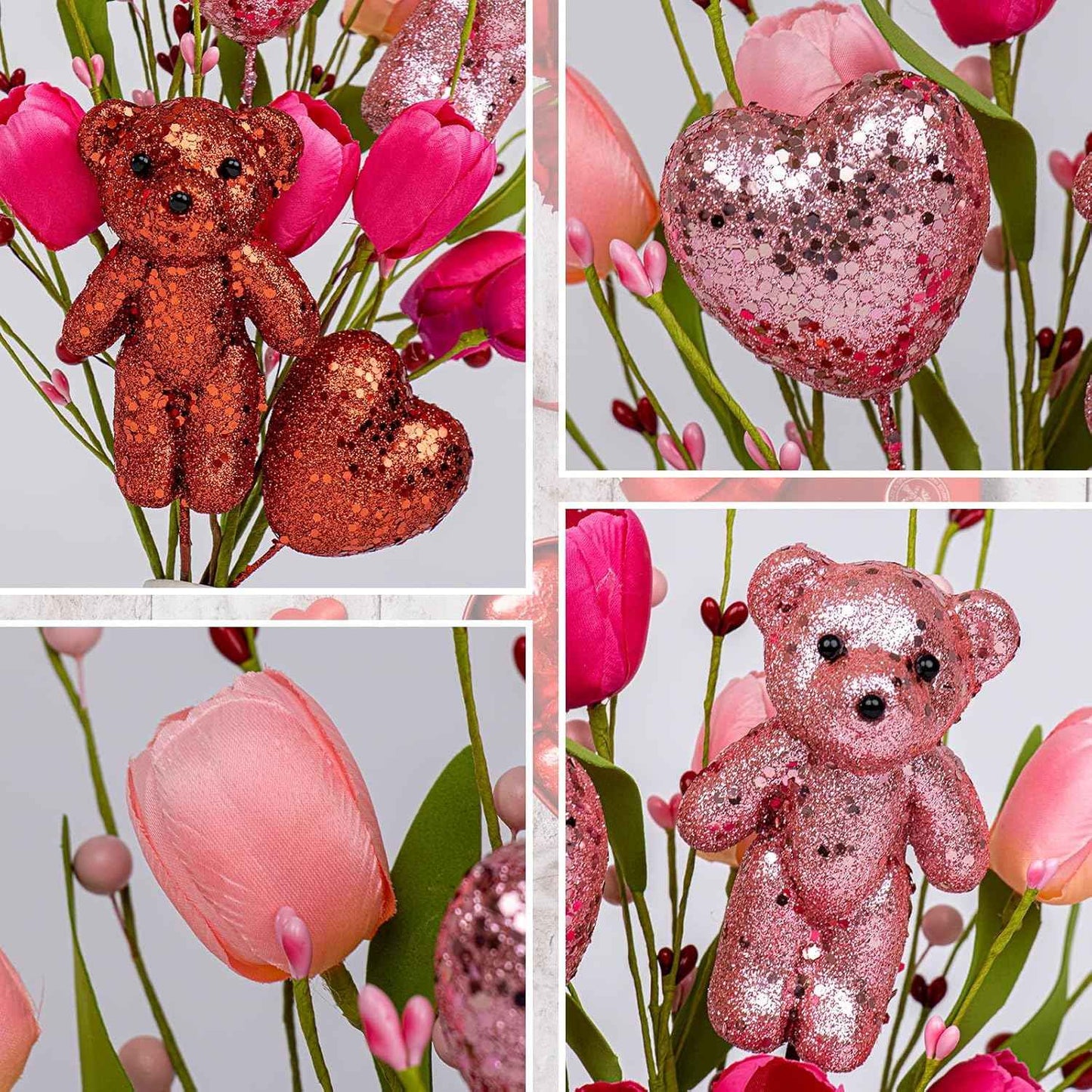 JINGHONG Valentine's Day Decorations Valentines Day Gifts 10 Pack Artificial Floral Picks with Pink Red Bear and Heart Tulip for Valentine Mothers Day Anniversary Candlelight Dinner Party Decor