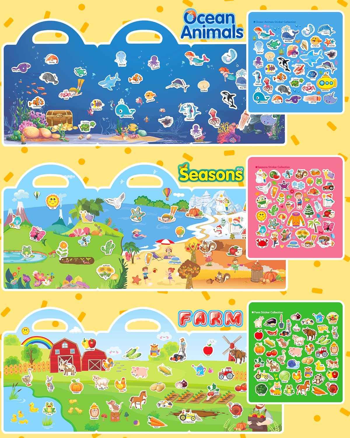 Benresive Reusable Sticker Book for Toddlers 2-4 Years, 3 Sets Travel Stickers for Kids, Waterproof Sticker Books for Toddlers 1-3, Crafts Activities for Todddlers 1-3 2-4 3-5