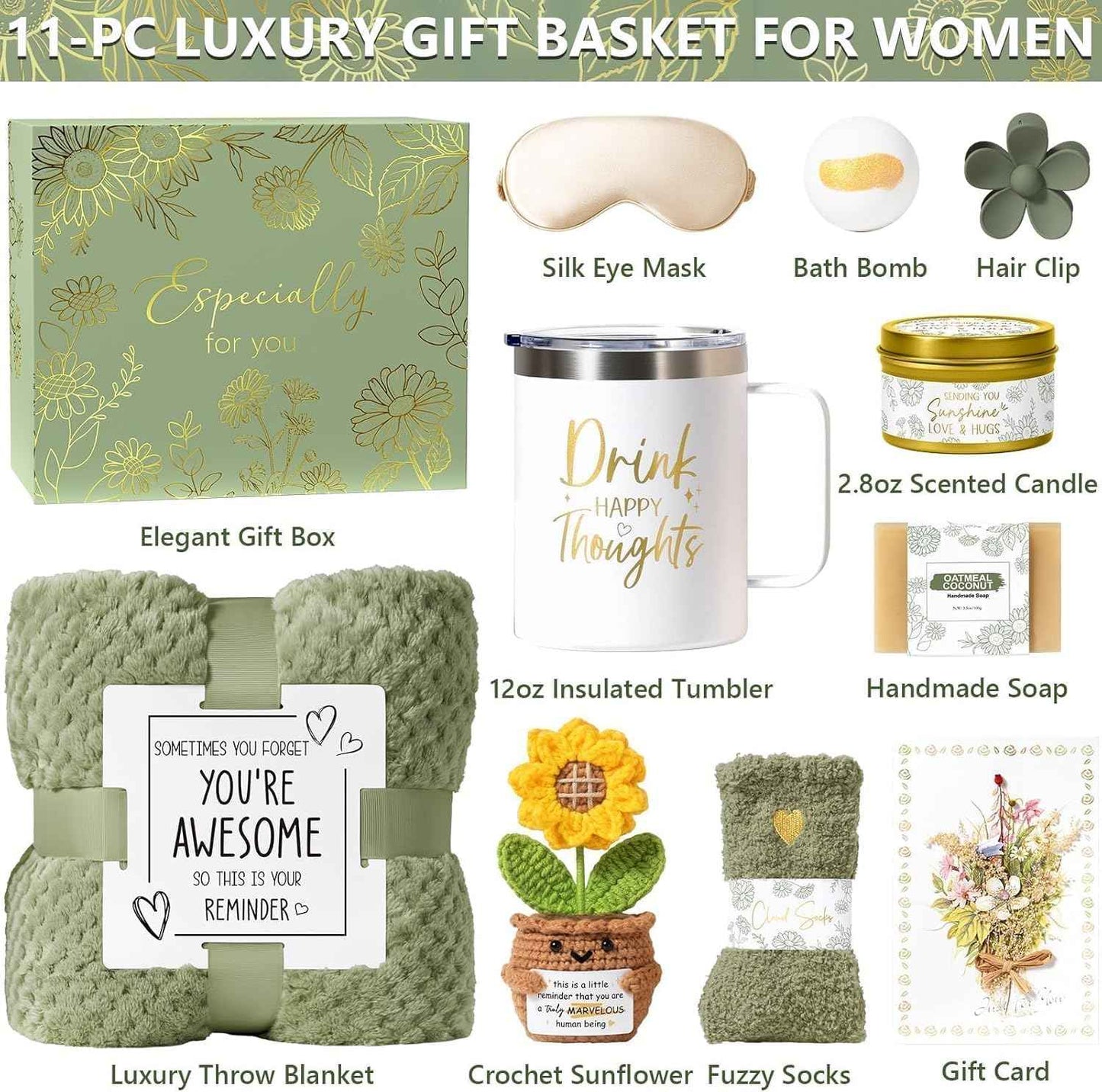 Birthday Gifts for Women Self Care Get Well Soon Gift Baskets, Spa Care Package Thinking of You Gift Set, Sympathy Inspirational Sunflower Valentines Day Gifts for Her Women Mom Friends Sister Wife