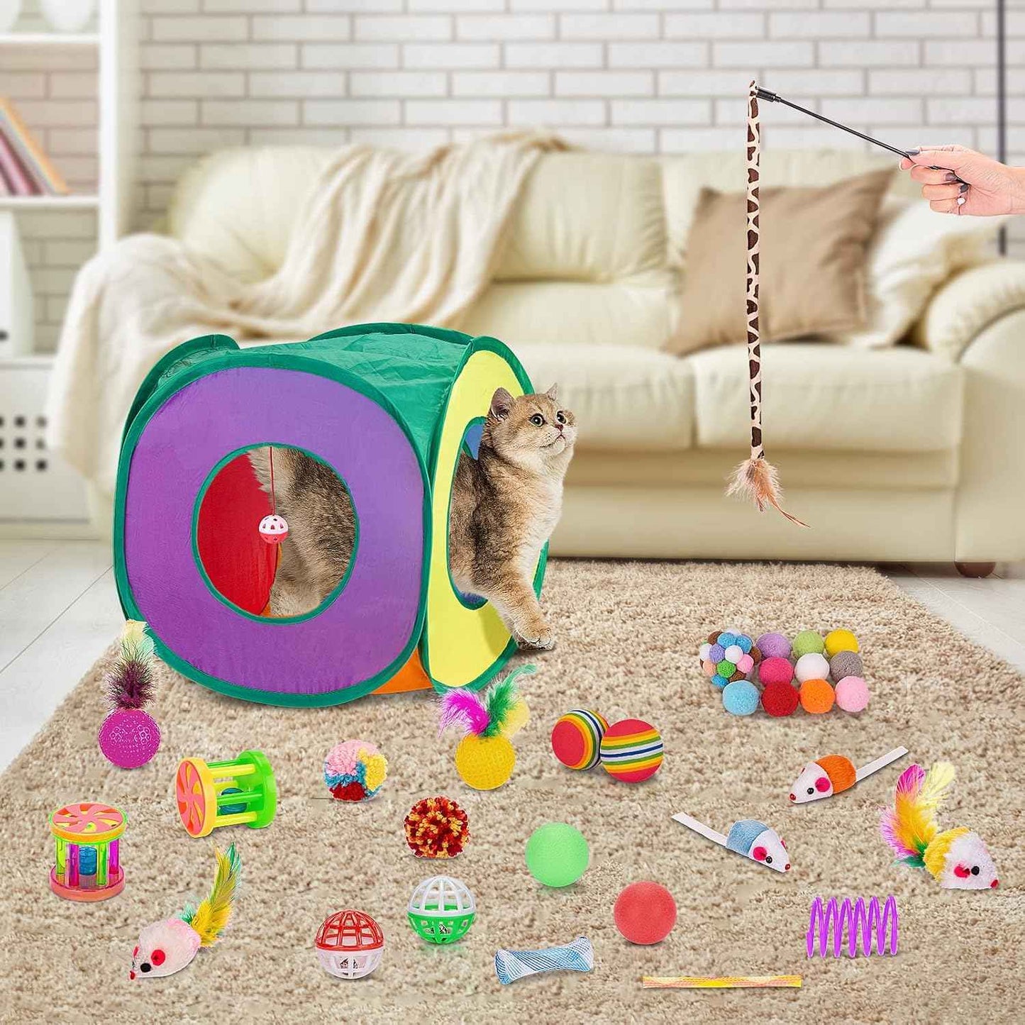 Retro Shaw Cat Toys Pack 33Pcs, Interactive Kitten Toys for Indoor Cats Kitty with Collapsible Play Tunnel Tube Tent Feather Wand Teaser Bell Fuzzy Ball Springs Mouse Toy