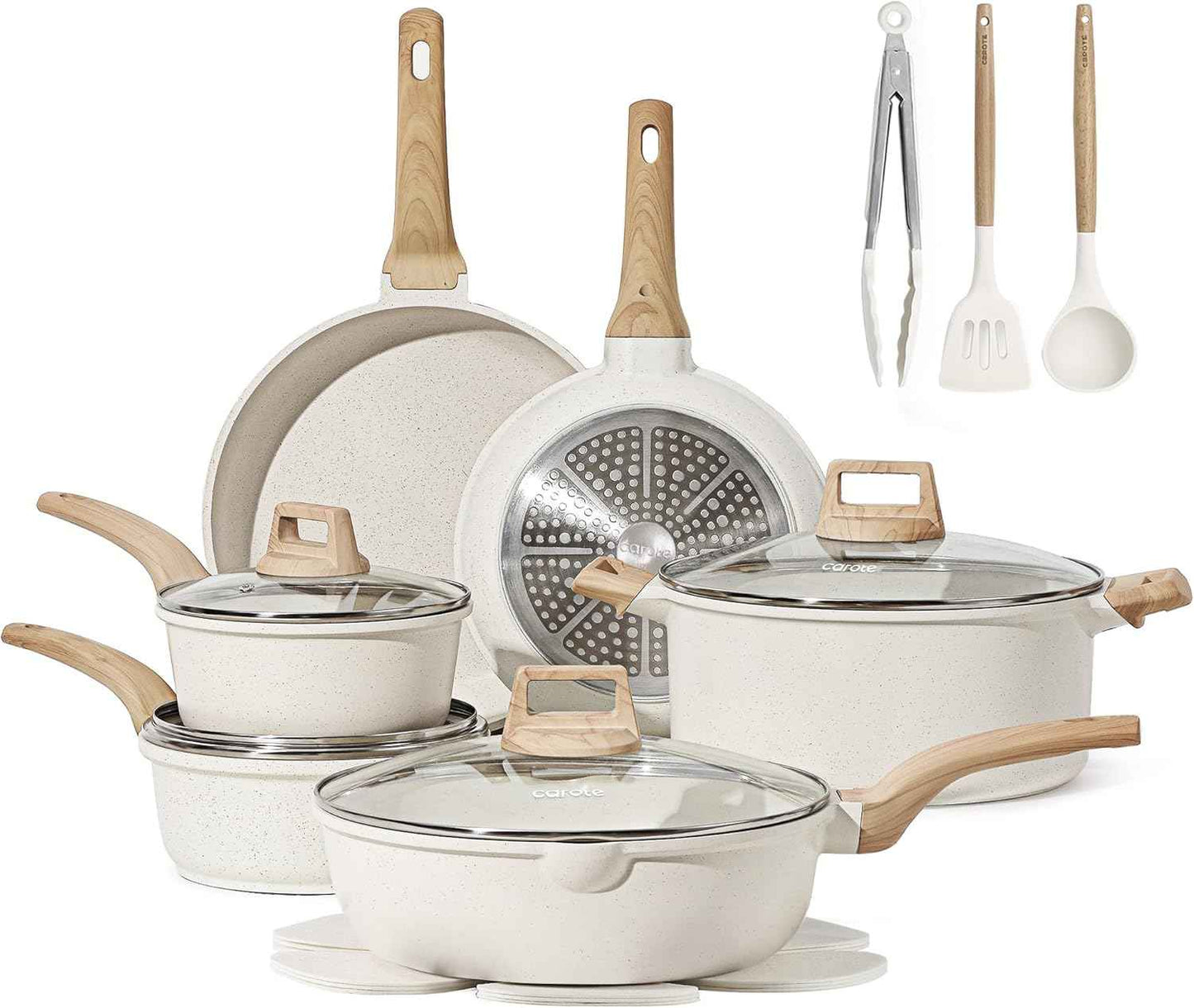 CAROTE 21Pcs Pots and Pans Set, Nonstick Cookware Sets, White Granite Induction Cookware Non Stick Cooking Set w/Frying Pans & Saucepans(PFOS, PFOA Free)