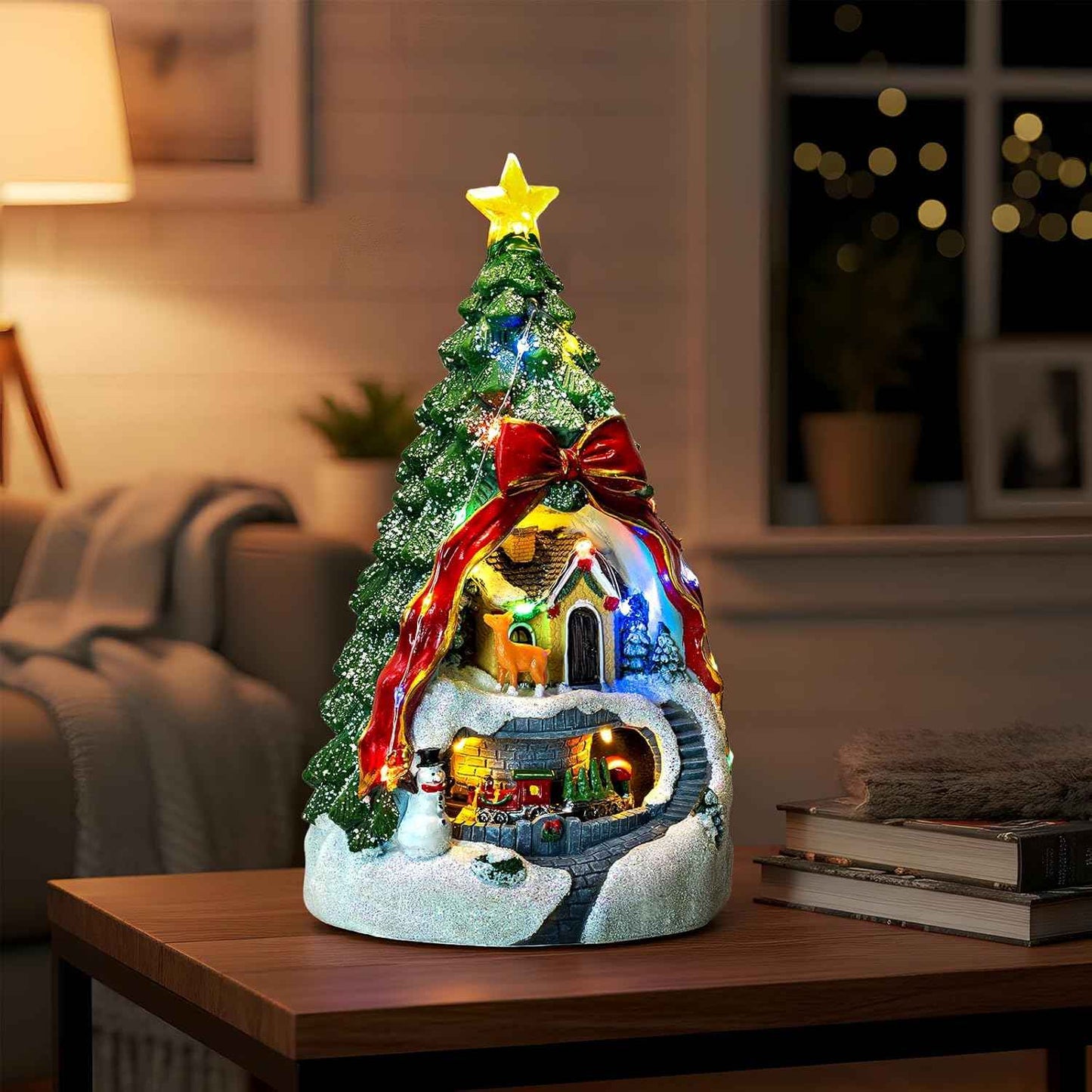 Animated Collection Figurines Musical Christmas Tree Spinning Train Deer Snowman with Rotating Train, Lighted Christmas Collection Figurines for Home Tabletop Decorations Ornaments Gifts