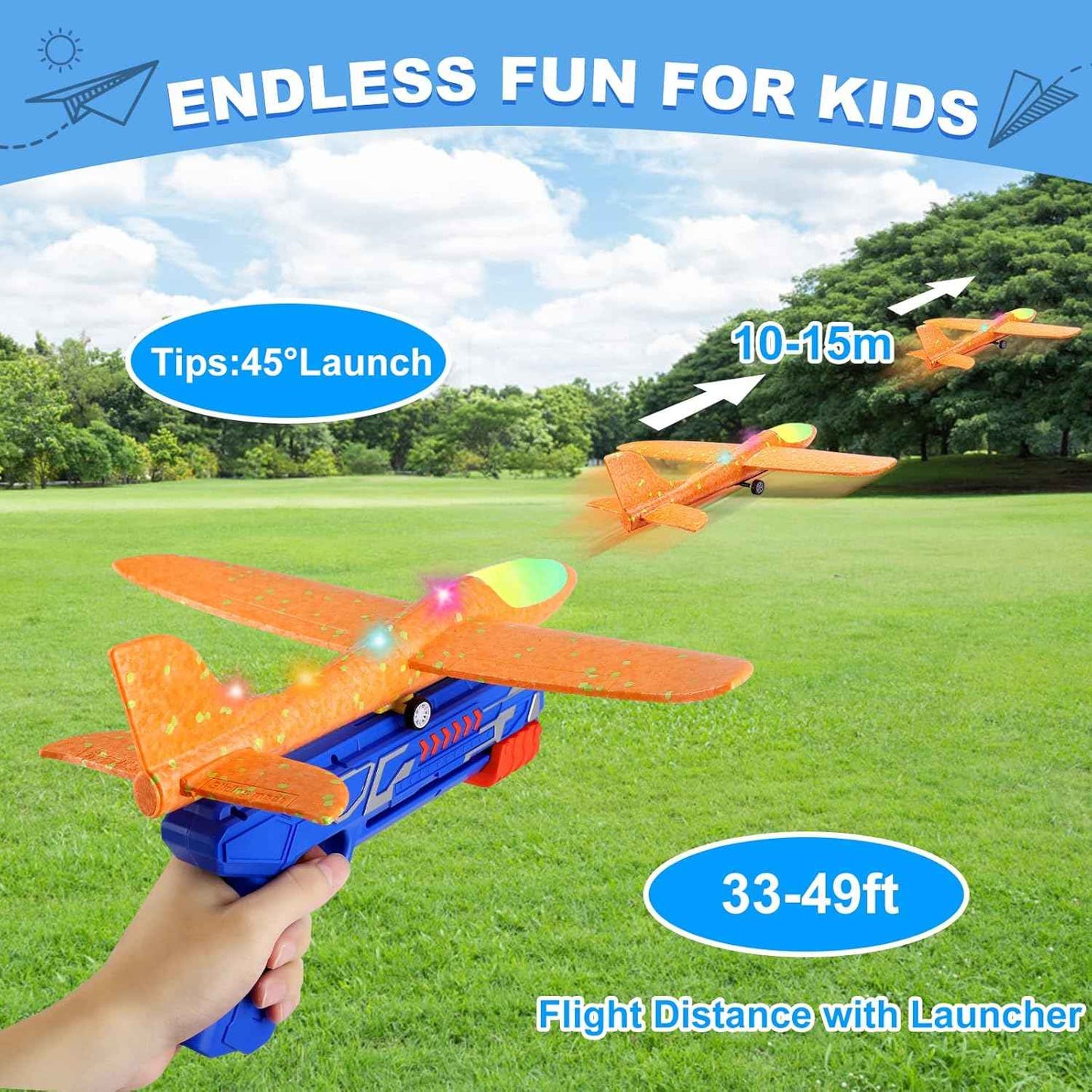 Fuwidvia 3 Pack Airplane Launcher Toys, 13.2'' LED Foam Glider Plane Toy for Boys, 2 Flight Modes Outdoor Flying Toys Birthday Gifts for Boys Girls 4 5 6 7 8 9 10 11 12 Year Old (Blue&Green&Orange)