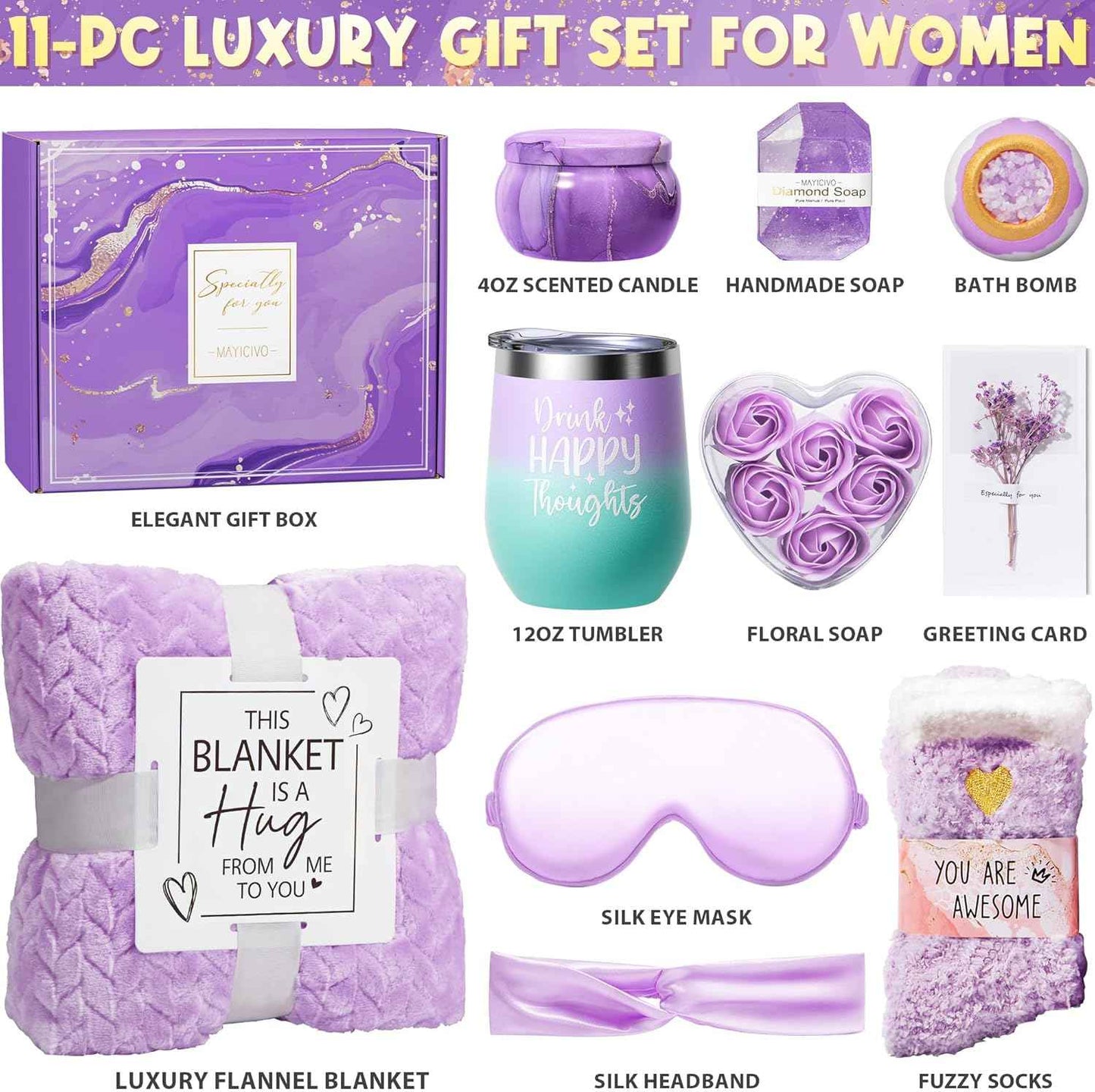 Birthday Gifts for Women Self Care Get Well Soon Gift Baskets, Lavender Relaxing Spa Gift Basket Care Package Flannel Blanket, Unique Valentines Day Gifts for Her Mom Wife Girlfriend Friends Sister