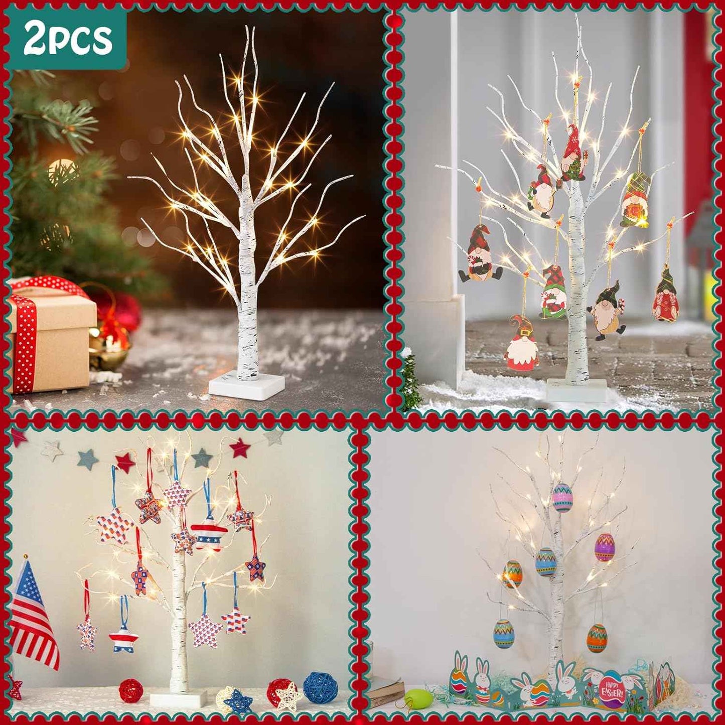 Vanthylit White Birch Tree with LED Lights - Set of 2, Tabletop Tree with Timer, Christmas Decorations Lighted Tree for Indoor Mantel Home Decor (2 FT, 24 LED)