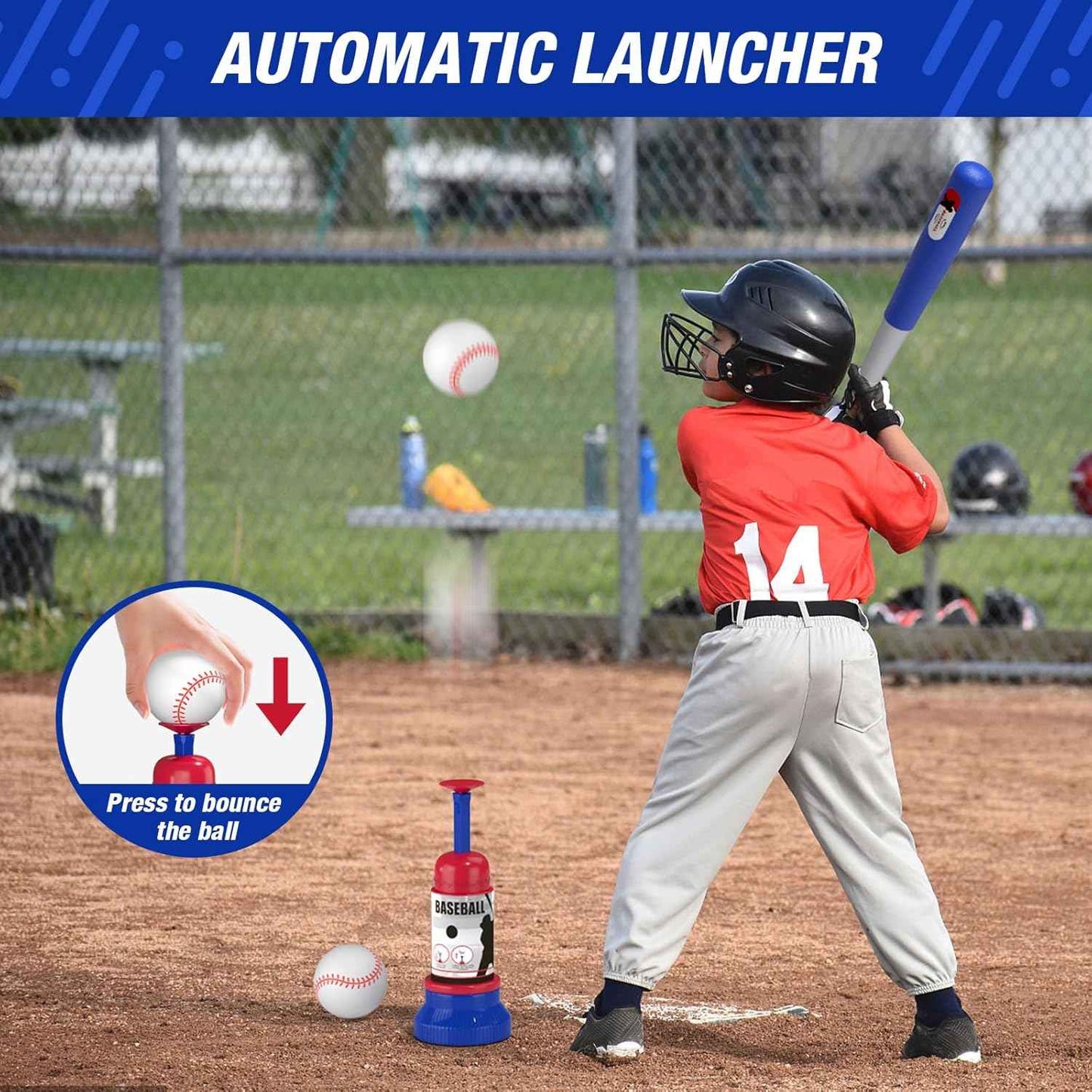 3-in-1 Baseball Set for Kids 3-5 - Tee Ball Stand, Hanging Tee, Ball Launcher and 6 Softballs - Adjustable Height, Indoor/Outdoor Sport Gifts for Boys Girls, Blue