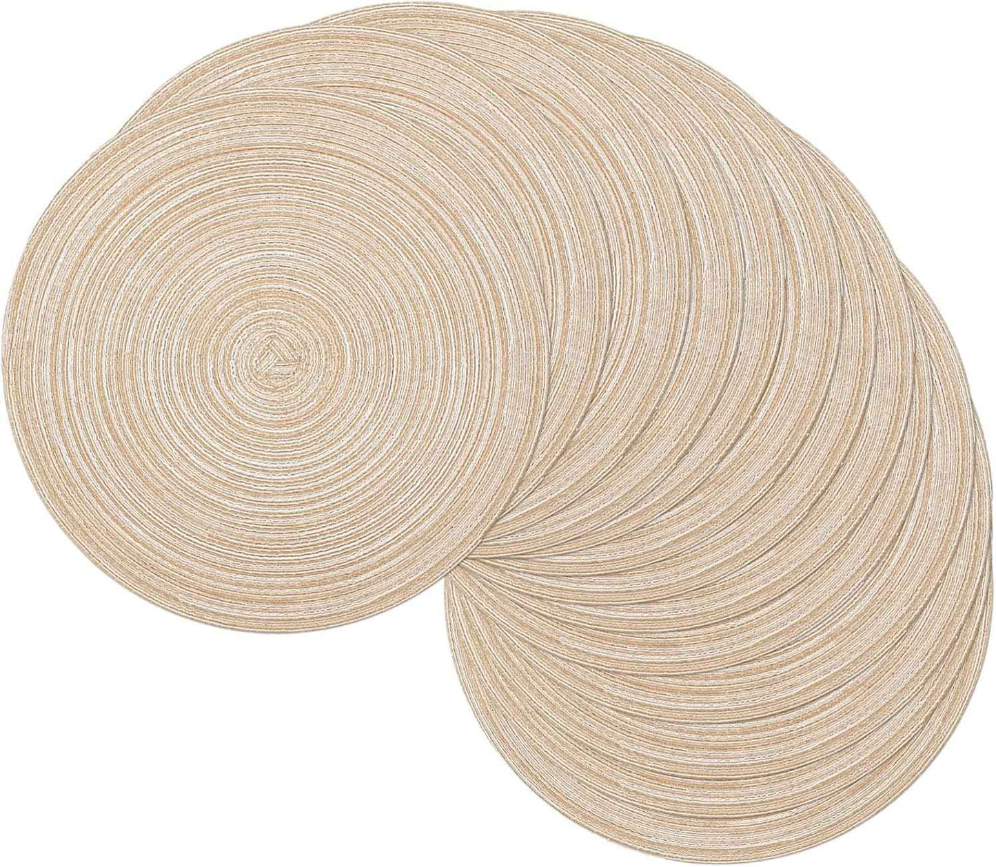 SHACOS 15 inch Round Braided Placemats Set of 6 Non Slip Heat Resistant Cotton Polyester Table Mats Washable Place Mats for Kitchen Dining Party Table Decor (Beige, 6)