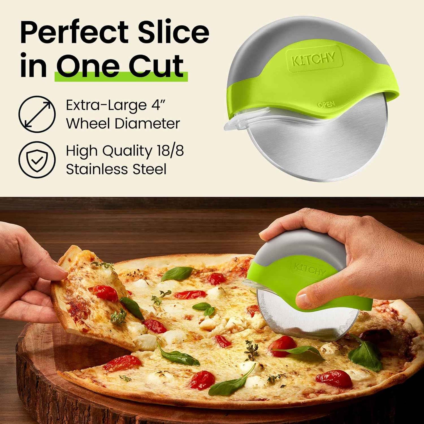 Kitchy Pizza Cutter Wheel with Protective Blade Cover, Ergonomic Pizza Slicer, Green