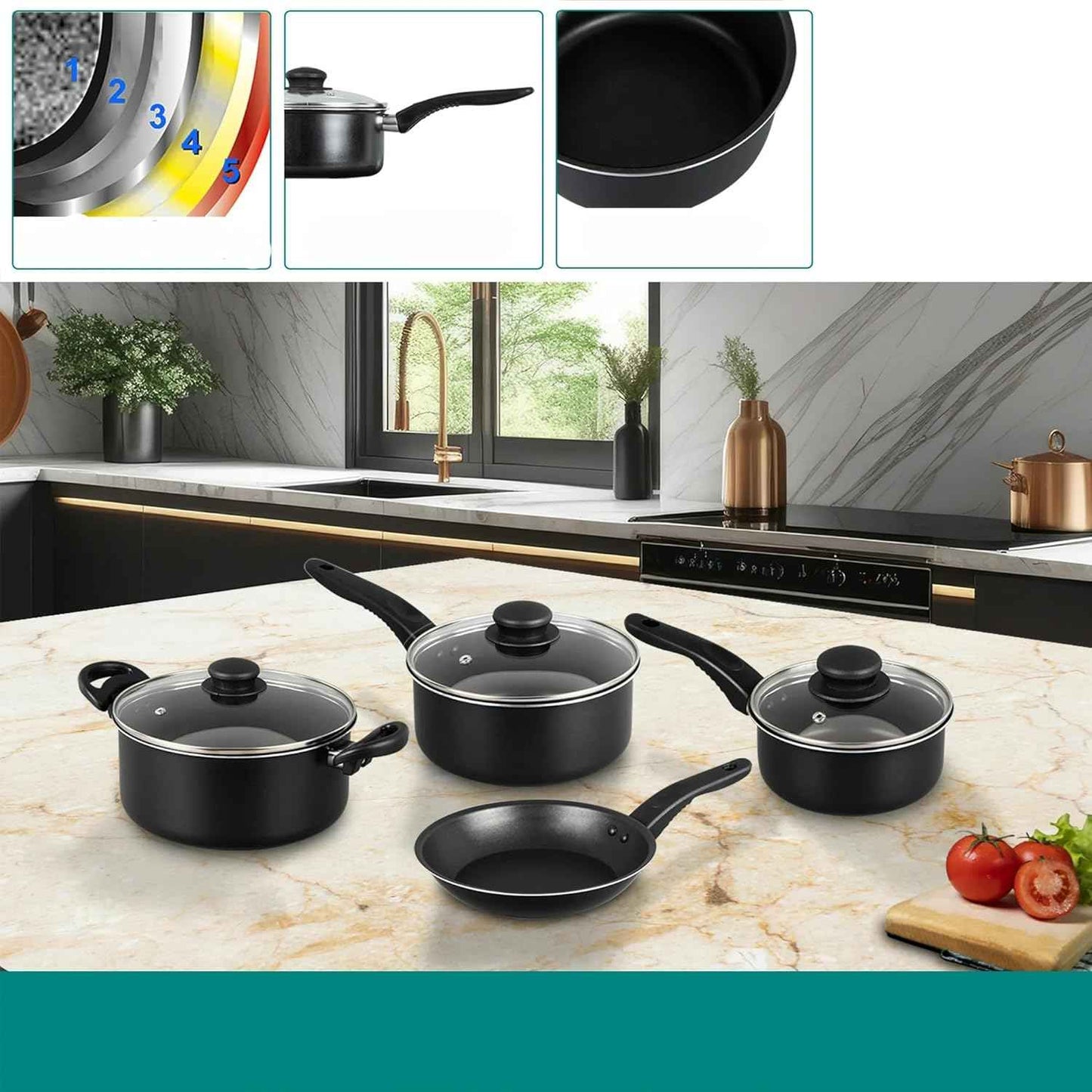7-Piece Non-Stick Aluminum Pots and Pans Cookware Set, Black Coating, Dishwasher Safe