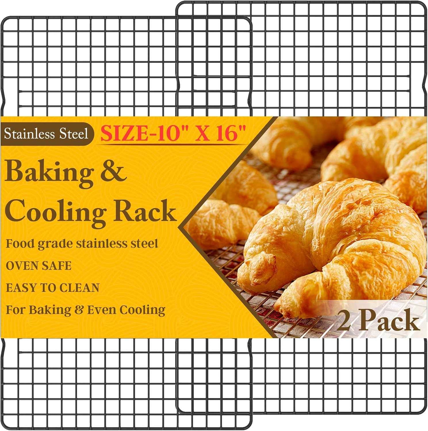 2PCS Cooling Racks for Cooking and Baking - 10" x 15"Heavy Duty Stainless Steel Wire Rack for Baking, Grilling, Roasting - Oven & Dishwasher Safe - Fits Jelly Roll Sheet Pan-Silver