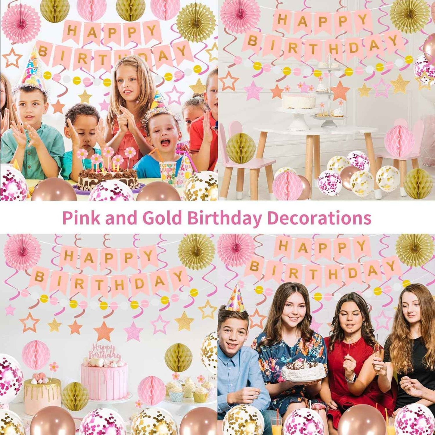 65Pcs Birthday Decorations Happy Birthday Banner Pink Rose Gold Balloons Honeycomb Ball Paper Fans Dots Garland Hanging Swirls Birthday Party Decor for Girls Women Princess