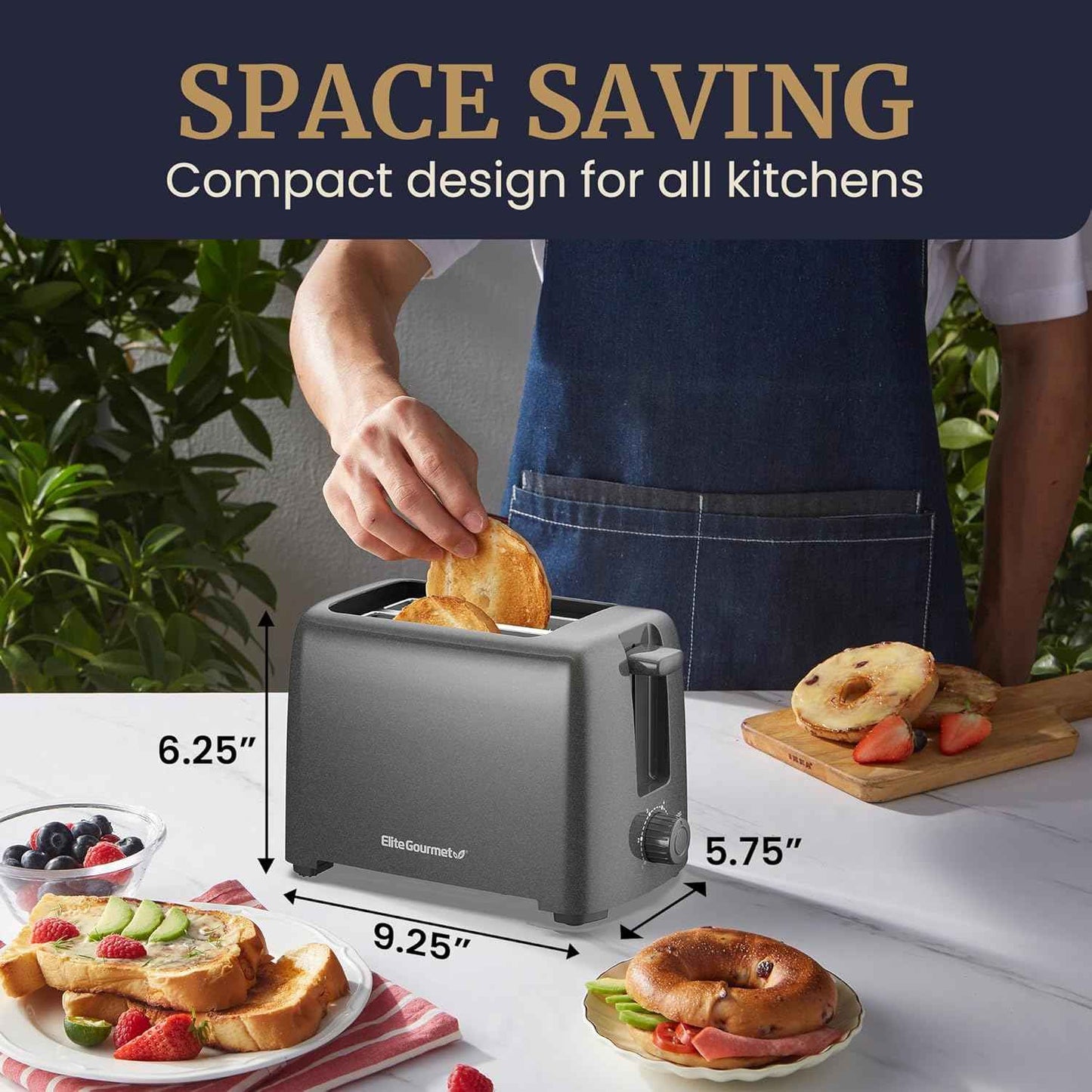 Elite Gourmet ECT1027G Cool-Touch 2 Slice Toaster, 6 Toast Settings & Cancel Function, Extra Wide 1.25” Slots Easily Fits Breads, English Muffins, Bagels & Waffles, Gunmetal Gray