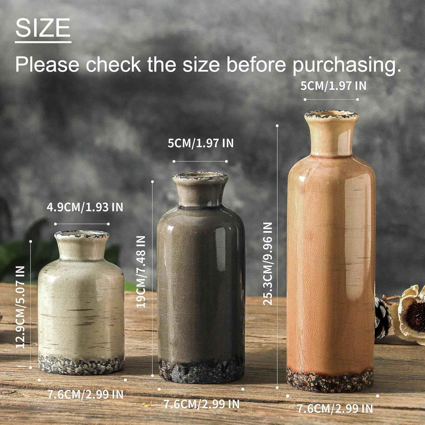 Ceramic Vase Set of 3, Neutral Flower Vases Home Decor, Pottery Rustic Farmhouse Decorative Vases Modern Decor for Table Mantel Entryway Bookshelf Living Room Kitchen Bedroom - Brown