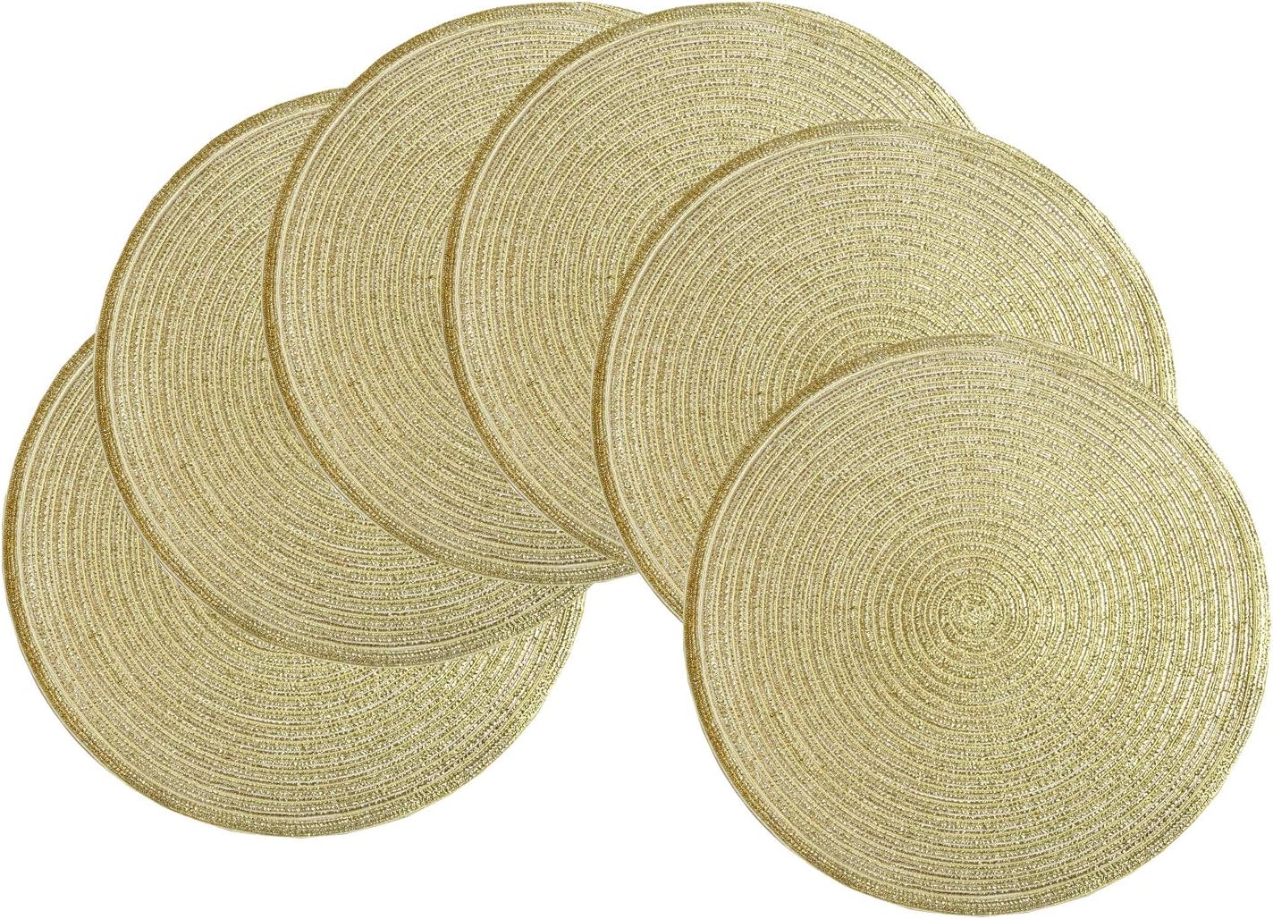 SHACOS 15 inch Round Braided Placemats Set of 6 Non Slip Heat Resistant Cotton Polyester Table Mats Washable Place Mats for Kitchen Dining Party Table Decor (Beige, 6)