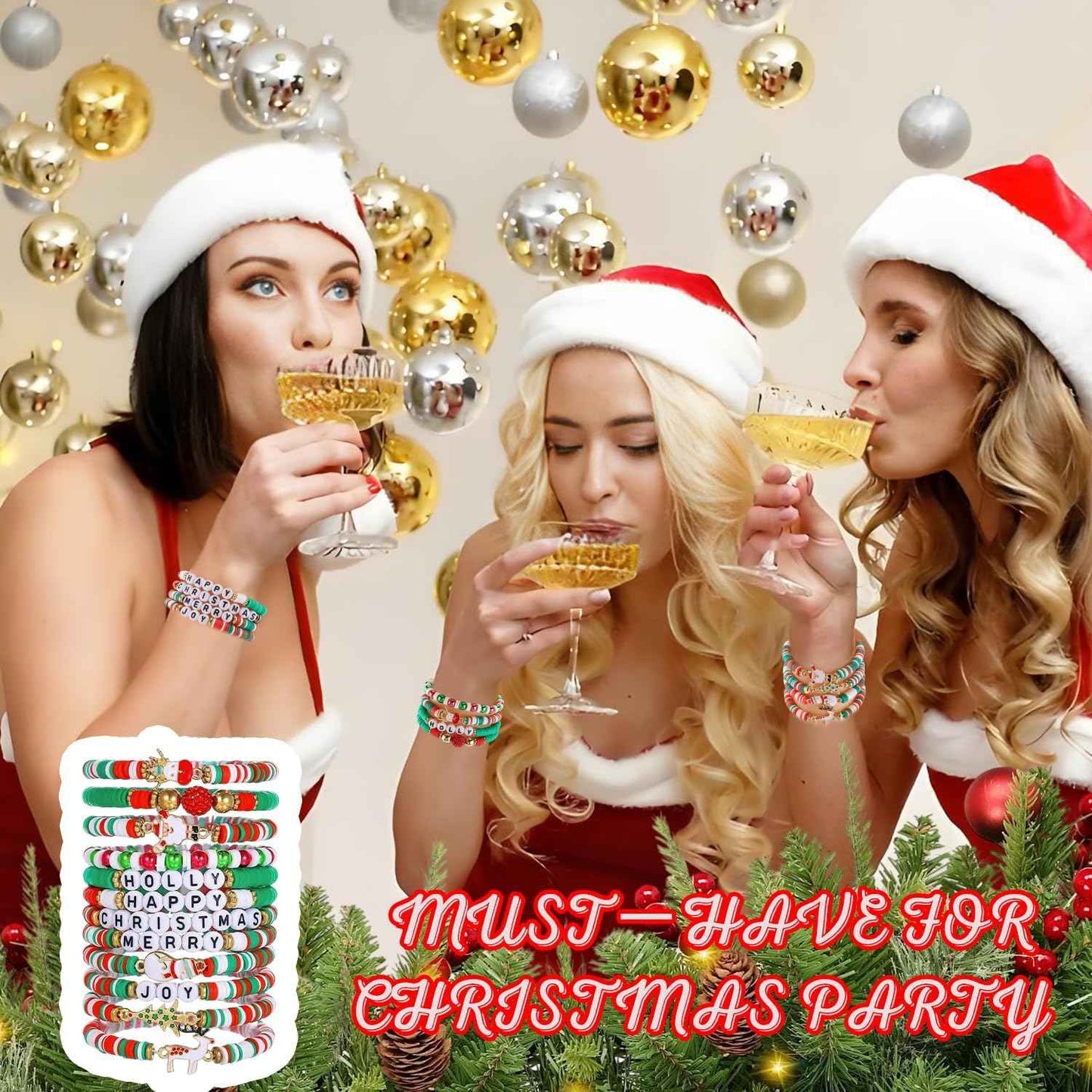 CUBACO 12 Pack Christmas Bracelets Jewelry for Women Handmade Candy Beaded Bracelets Letter Stretch Bracelet Bulk White Red Green Friendship Christmas Decorations Holiday Stocking Stuffers Gifts