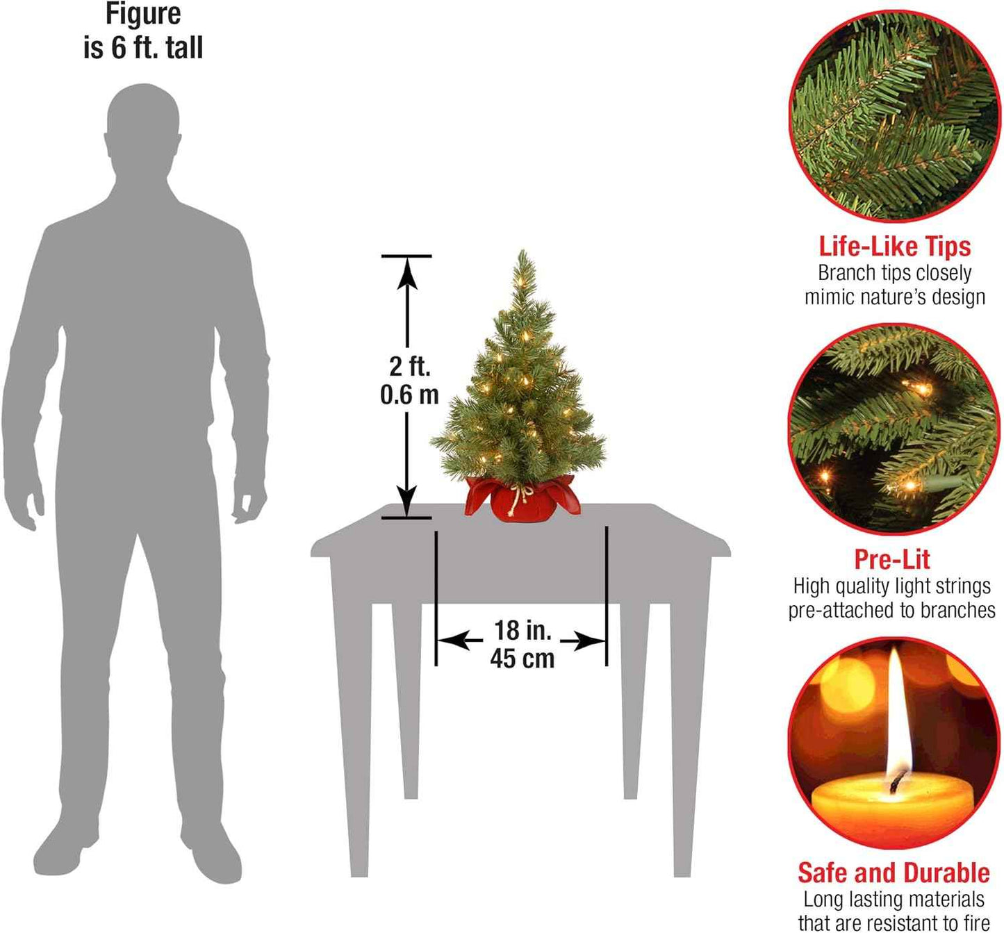 National Tree Company 24 in Pre-Lit Majestic Fir Mini Artificial Christmas Tree, 35 Clear Lights, 71 Tips, Red Cloth Base, Green