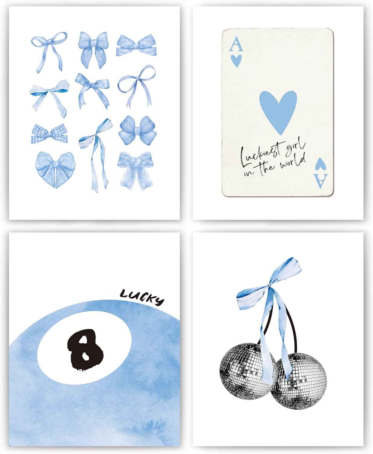 okaxscm Sage Green Coquette Trendy Preppy Wall Art Prints Set of 4, Coquette Preppy Room Decor Aesthetic, Green Bow Disco 8 Ball Cherry Wall Decor Posters for Girls Bedroom Dorm, 8x10 Unframed