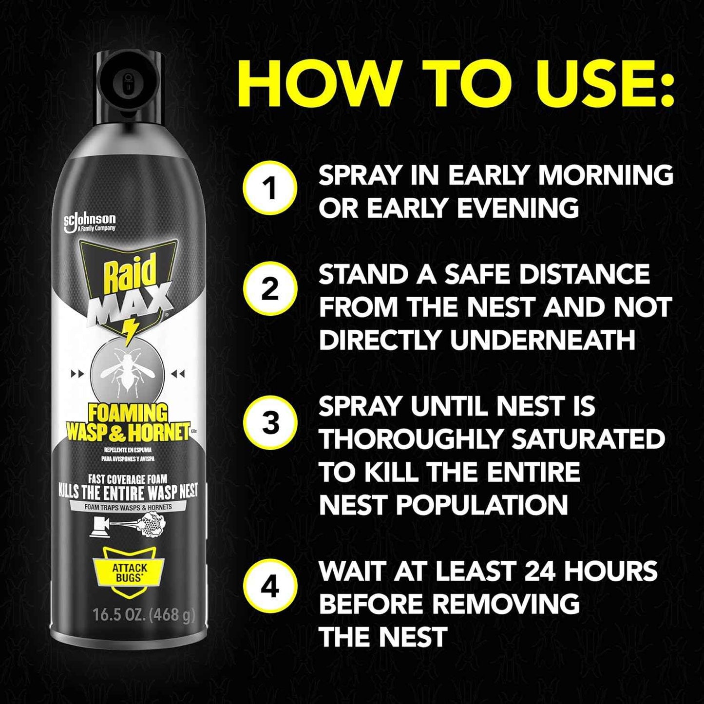 Raid Max Foaming Wasp & Hornet Killer, Fast Coverage Foam, Bug Killer Kills The Entire Nest, 16.5 oz