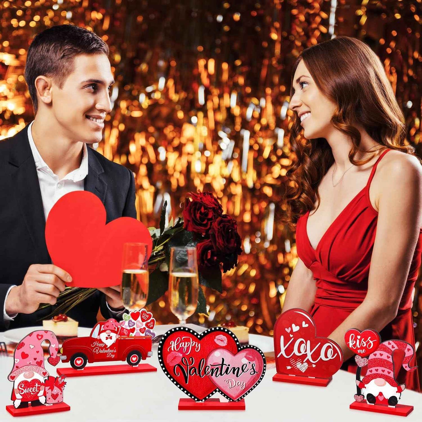 Capoda 5 Pieces Valentine's Day Wooden Table Sign Decoration Freestanding Table Centerpiece Sign Romantic Truck Heart Shape Home Decor Tiered Tray Gnome Valentines Day Accessories(Red)