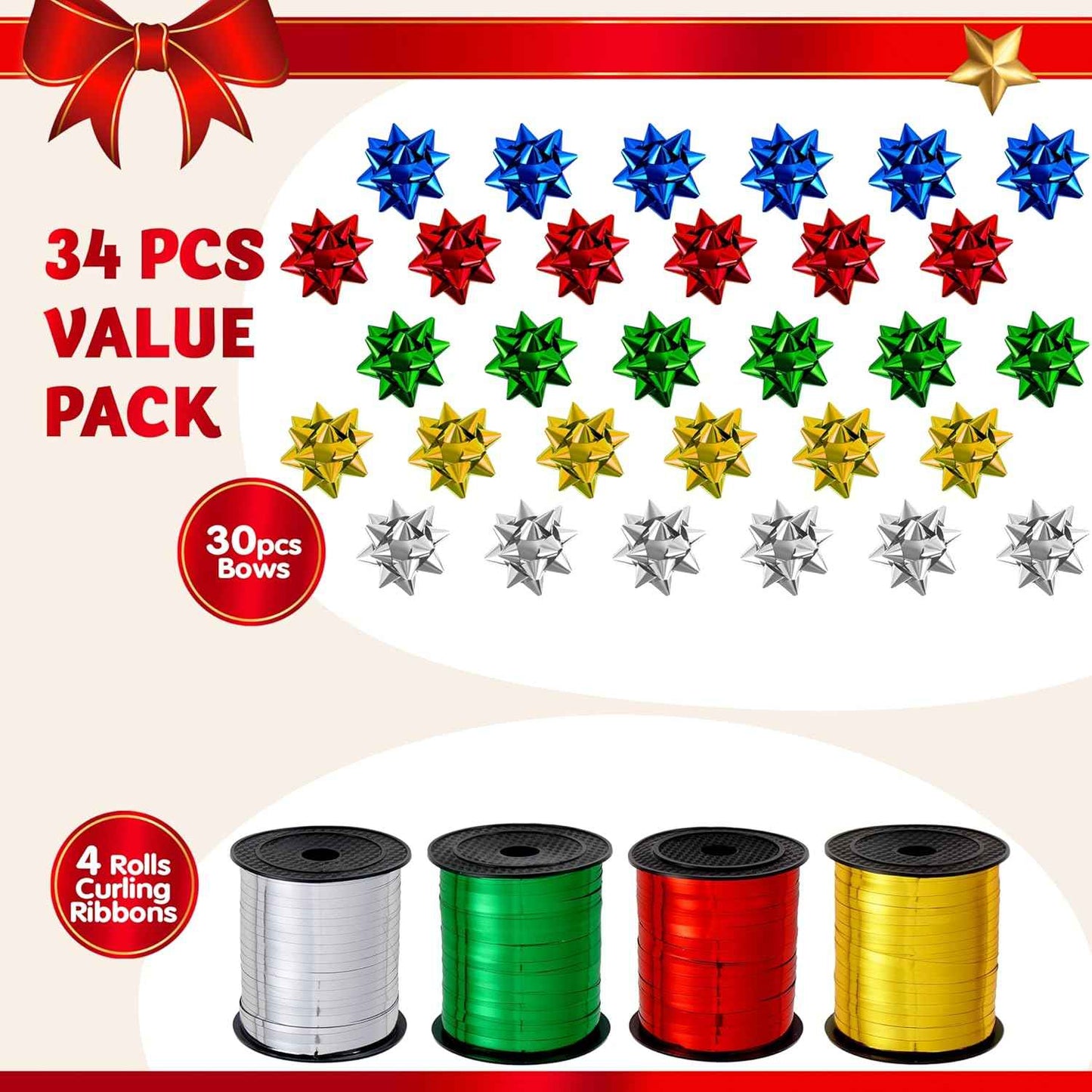 JOYIN Christmas 34 Pcs Bows and Ribbons Set, 4 Rolls of Curling Ribbons with 30 Pcs Bows, Gift Wrapping DIY for Holiday Crafts Decoration