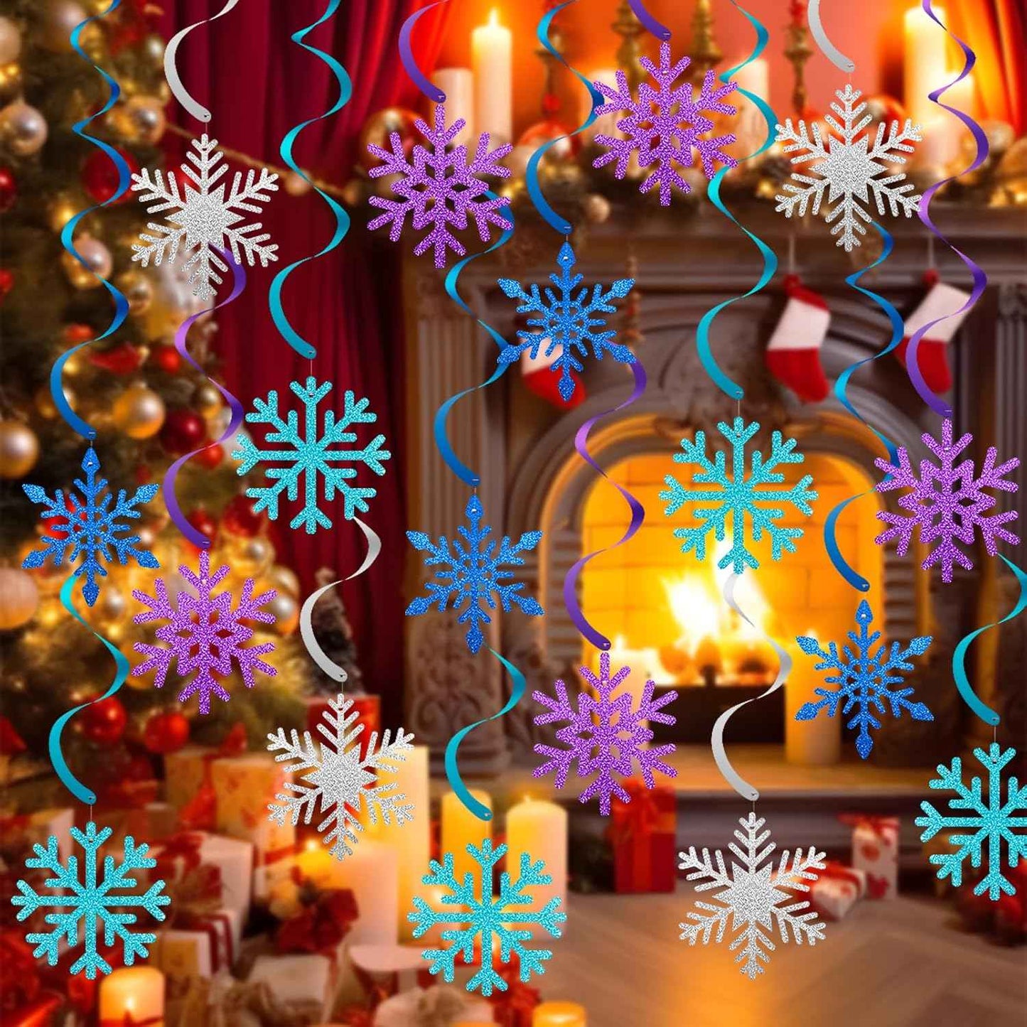 20 Pcs Winter Snowflake Hanging Swirl Decorations - Snowflake Hanging Ceiling Streamers Blue Silver Purple Garland Ornament for Frozen Winter Wonderland Holiday Birthday Party Decorations